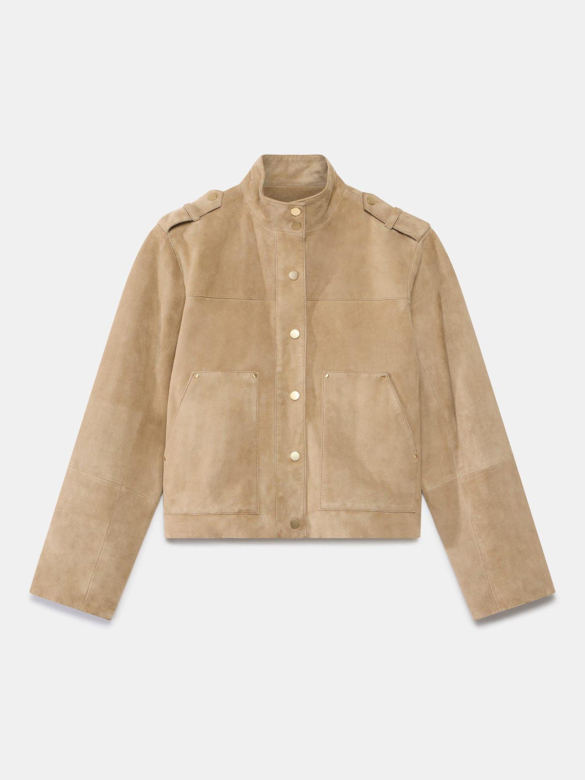 Product image 7 of 8, which shows Mint Velvet Suede Leather Funnel Neck Jacket, Beige, XS