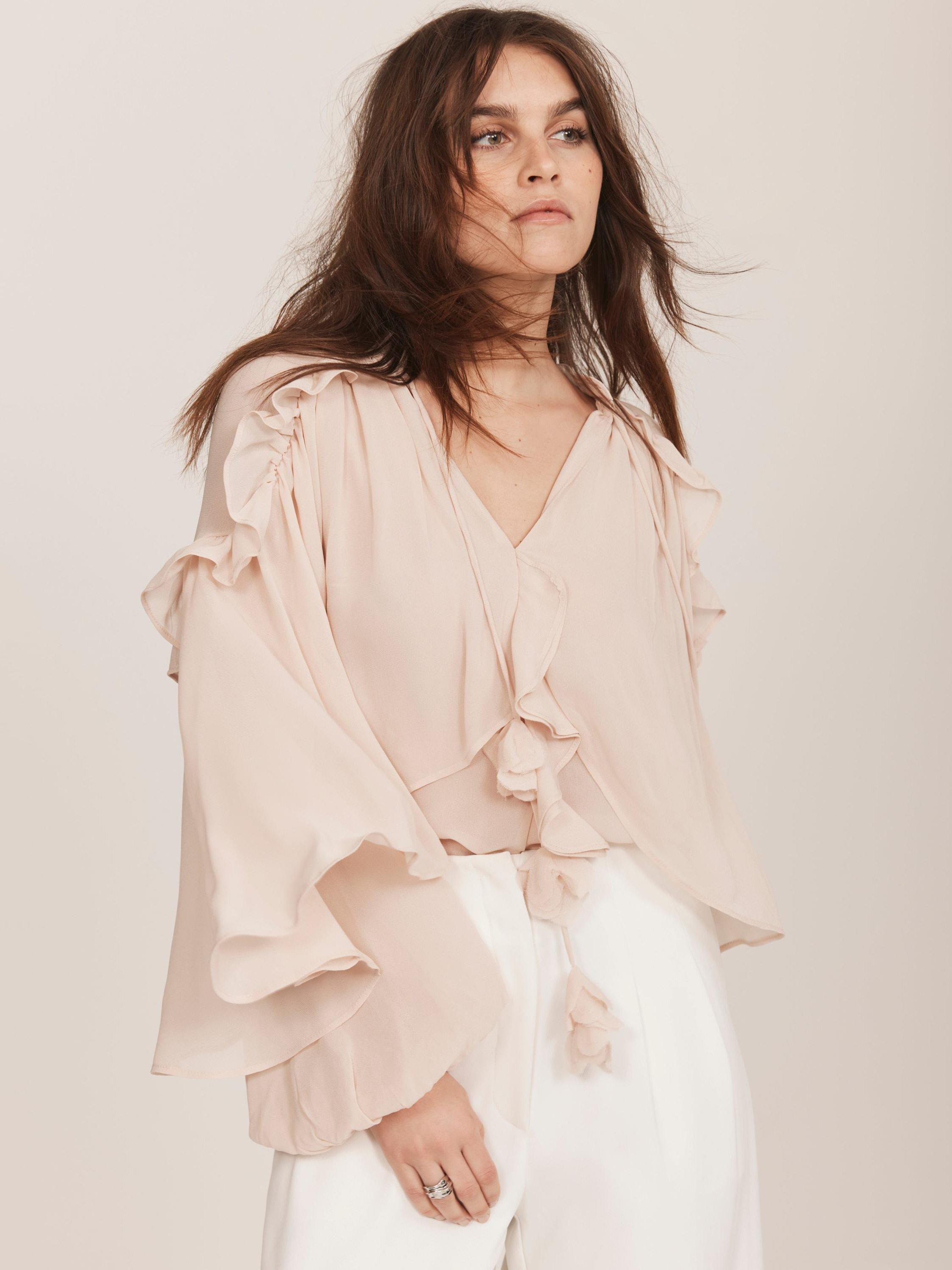 Product image 3 of 8, which shows Mint Velvet Cape Ruffle Blouse, Beige, XS
