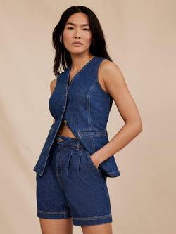 Mint Velvet Denim Pleated Shorts, Blue, Blue