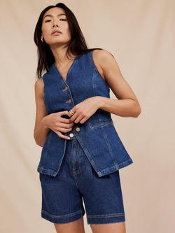 Mint Velvet Denim Pleated Shorts, Blue - view 2, Blue