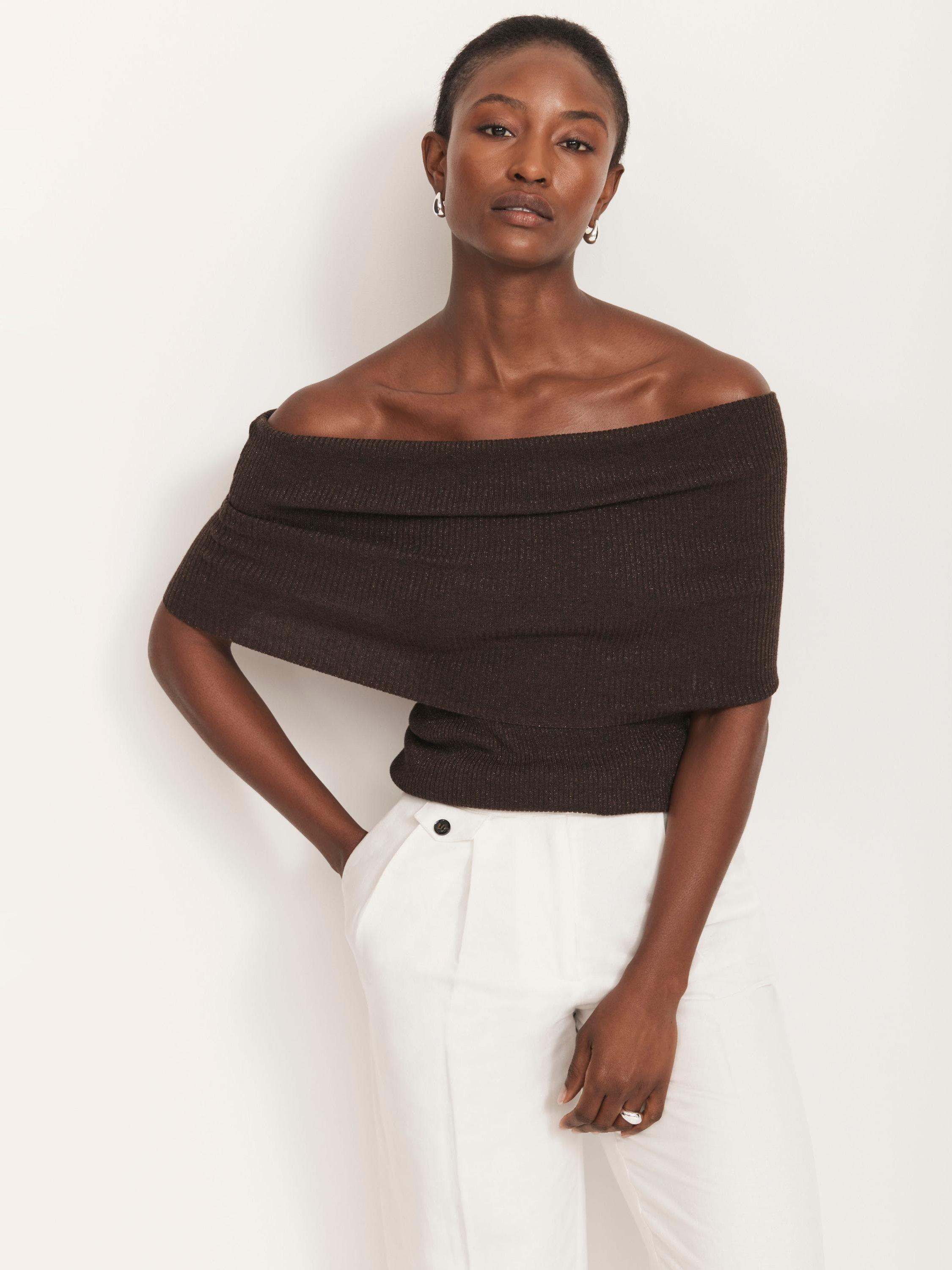 Product image 1 of 8, which shows Mint Velvet Metallic Bardot Top, Brown, S