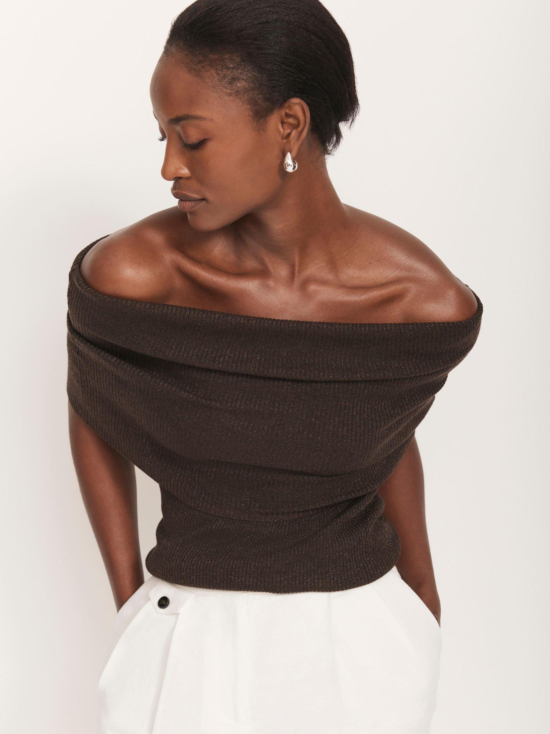 Product image 2 of 8, which shows Mint Velvet Metallic Bardot Top, Brown, S