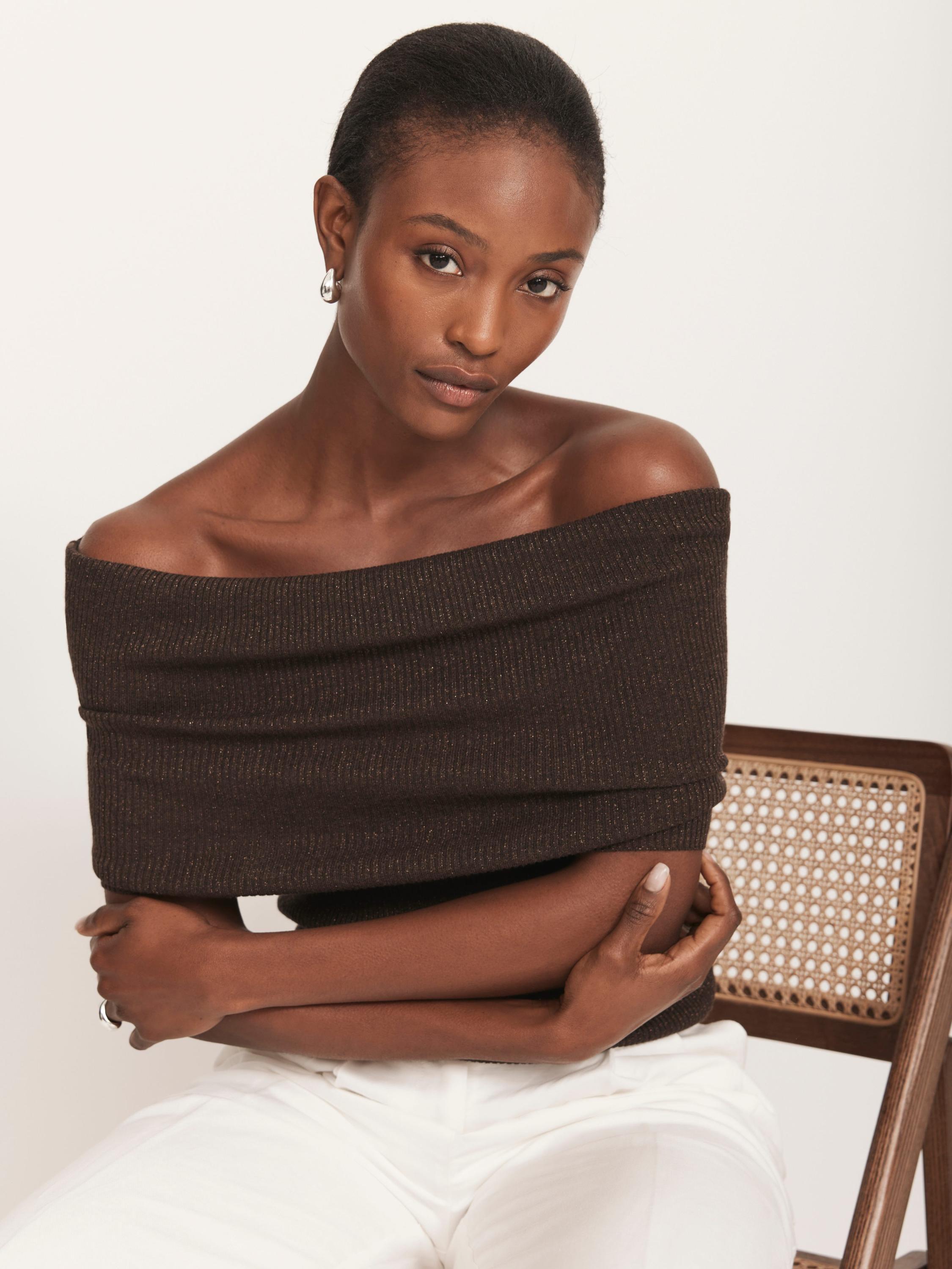 Product image 4 of 8, which shows Mint Velvet Metallic Bardot Top, Brown, S