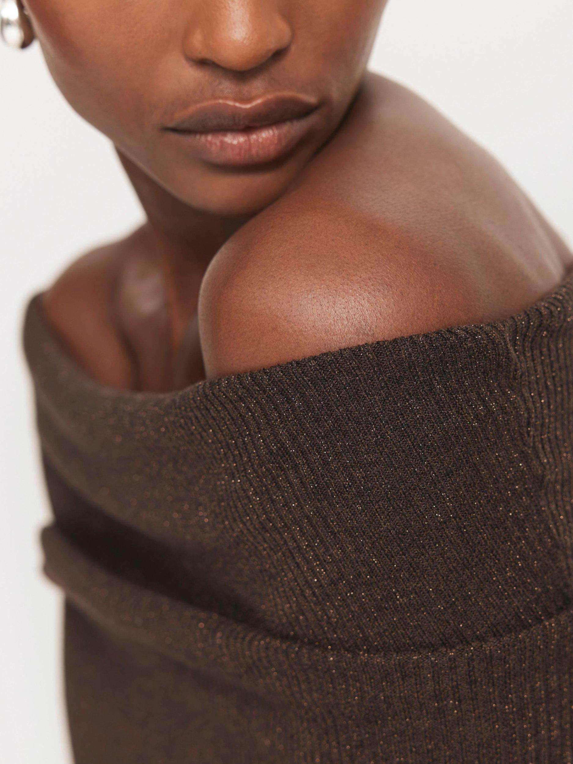 Product image 5 of 8, which shows Mint Velvet Metallic Bardot Top, Brown, S