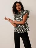 Mint Velvet Floral Ruffle Trim Blouse, Black