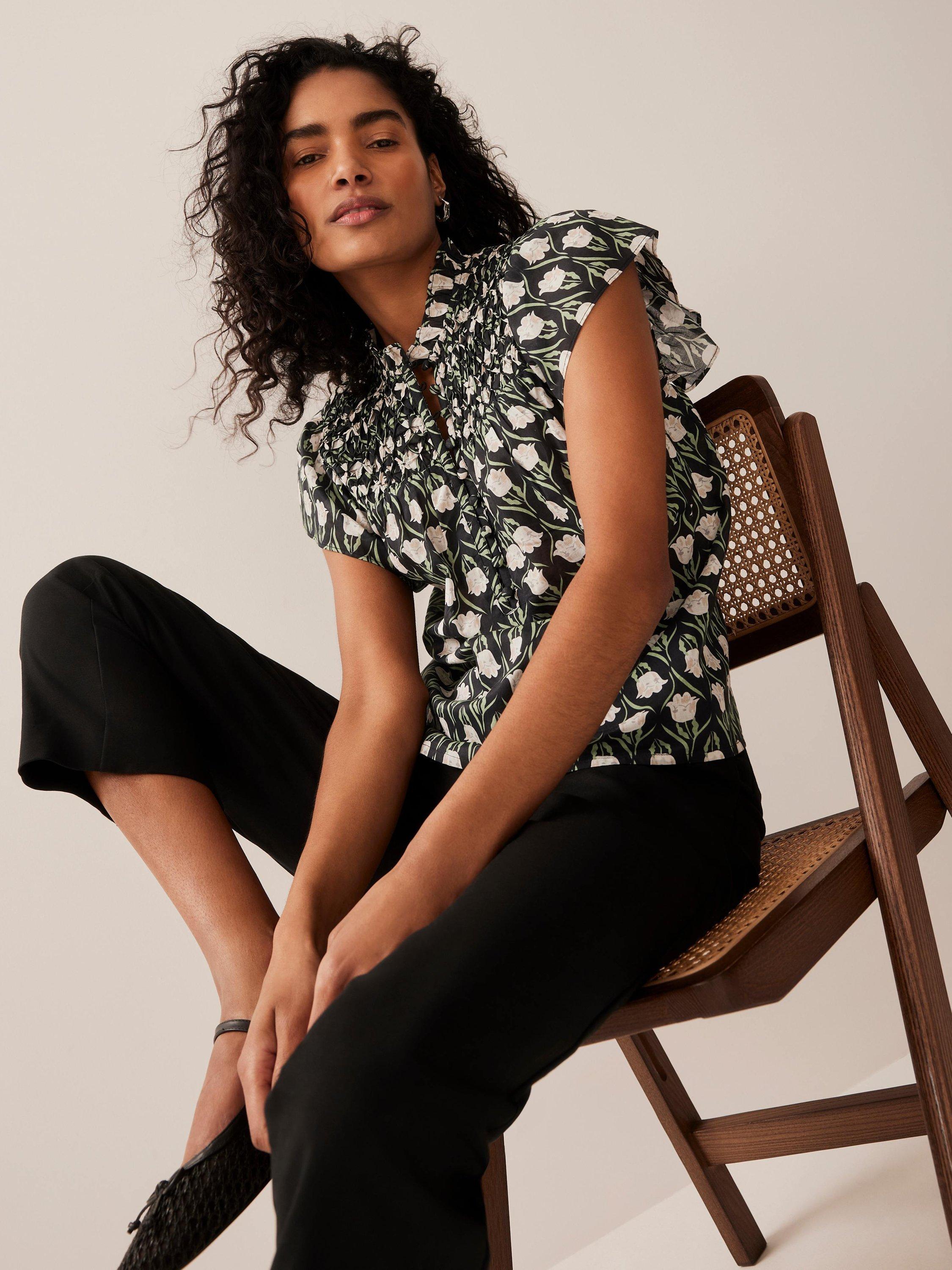 Product image 2 of 9, which shows Mint Velvet Floral Ruffle Trim Blouse, Black, XS