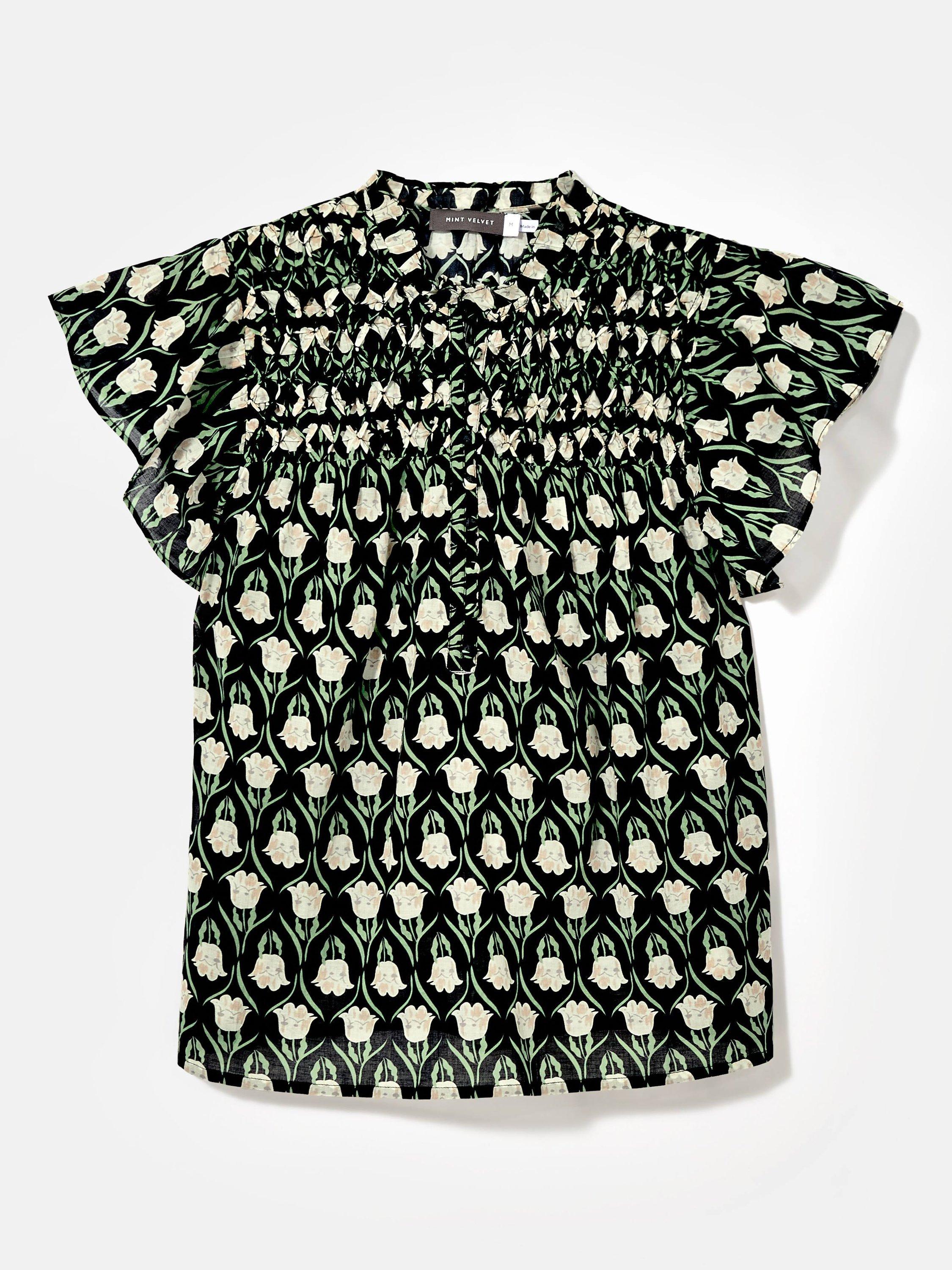 Product image 3 of 9, which shows Mint Velvet Floral Ruffle Trim Blouse, Black, XS
