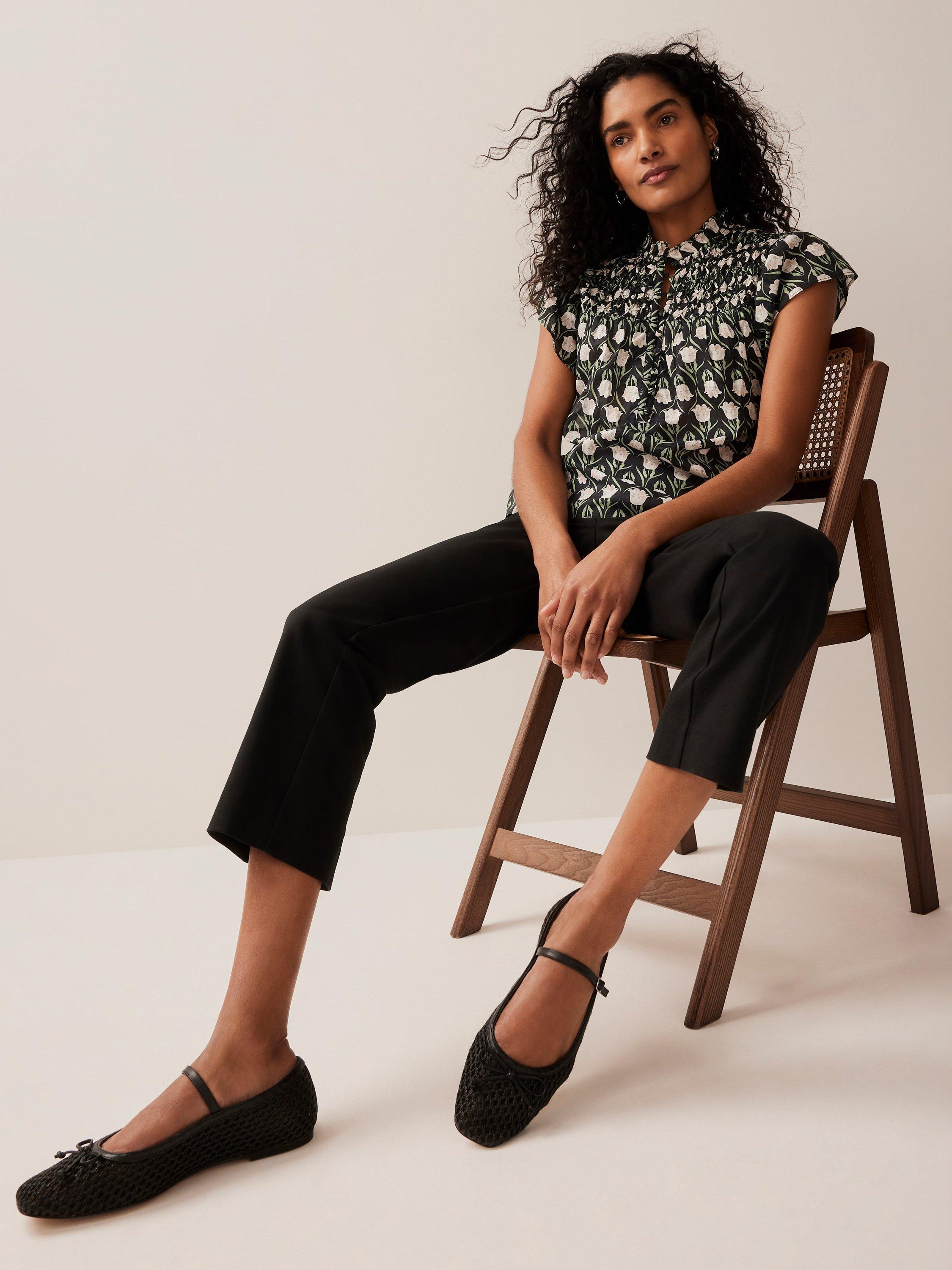 Product image 6 of 9, which shows Mint Velvet Floral Ruffle Trim Blouse, Black, XS