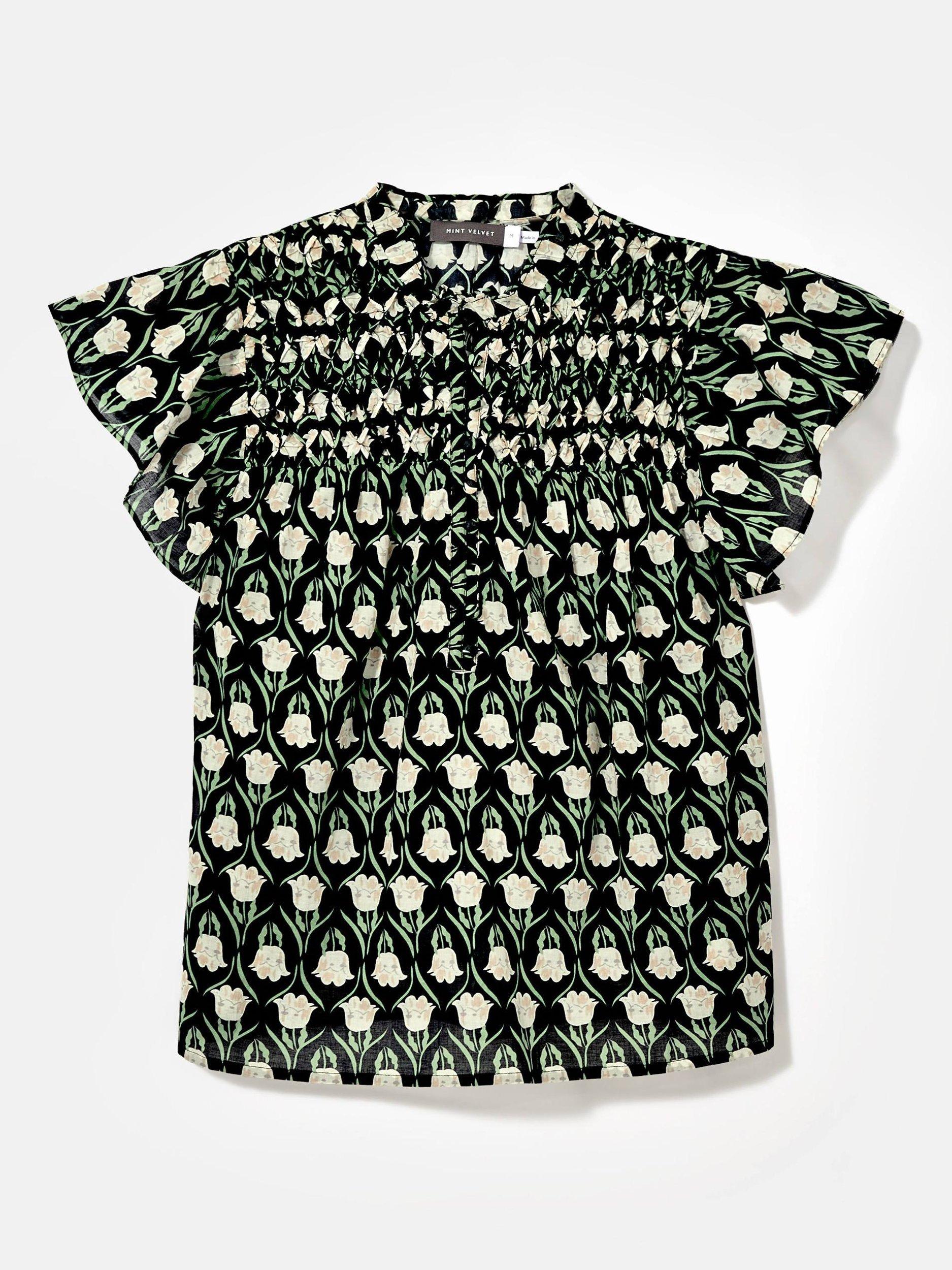 Product image 7 of 9, which shows Mint Velvet Floral Ruffle Trim Blouse, Black, XS