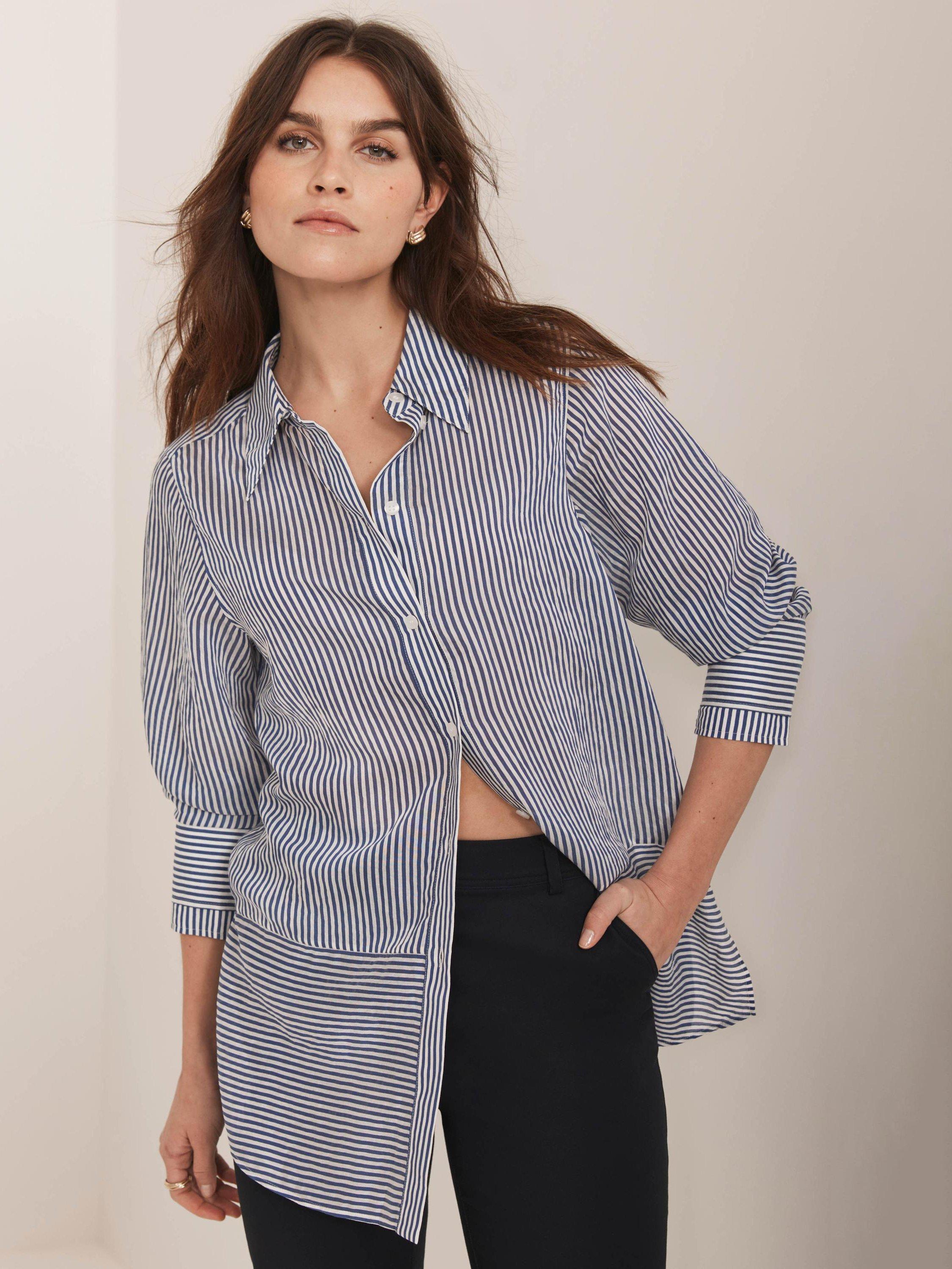 Product image 1 of 6, which shows Mint Velvet Stripe Longline Shirt, Blue/Multi, XS