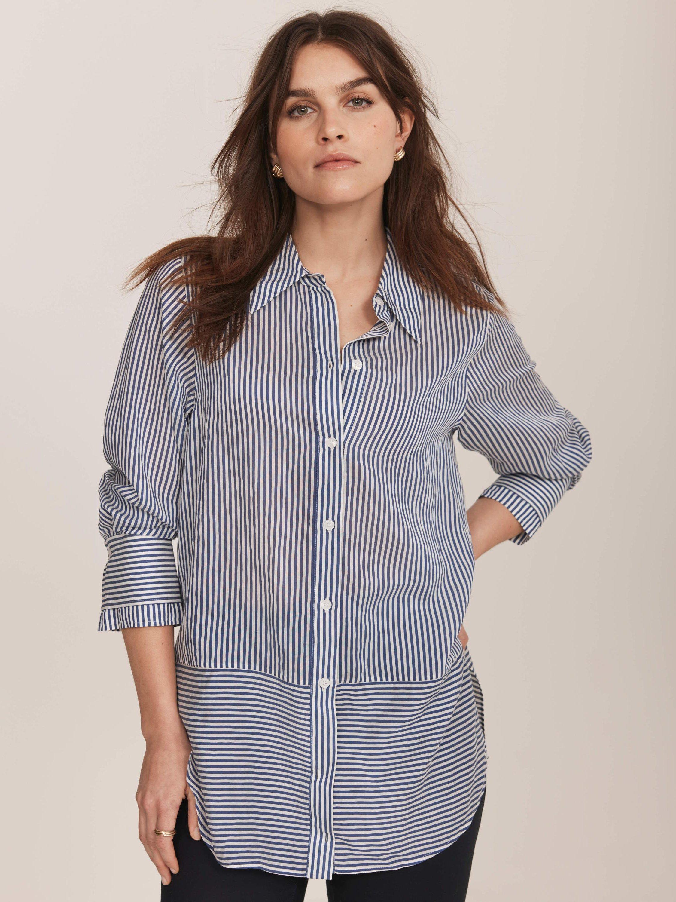 Product image 4 of 6, which shows Mint Velvet Stripe Longline Shirt, Blue/Multi, XS