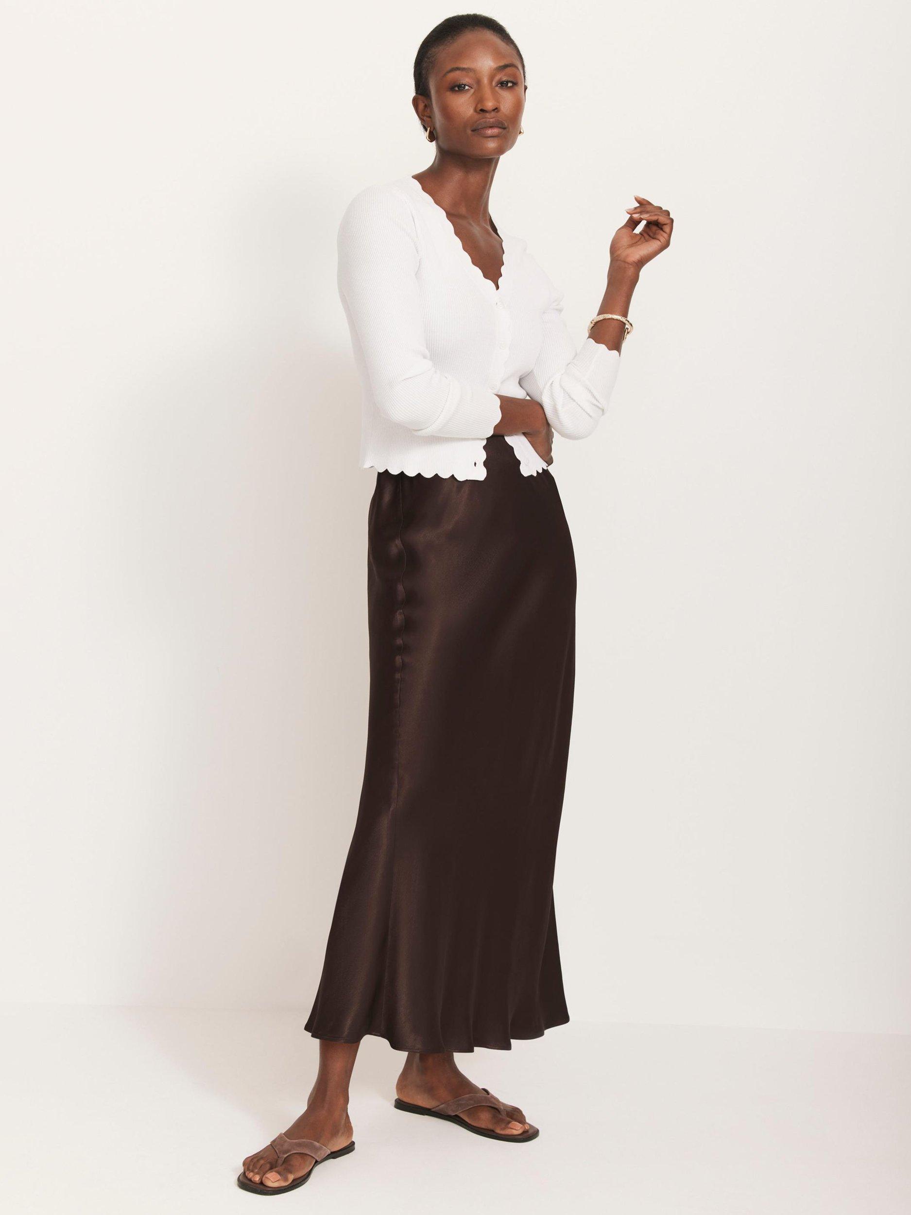 Product image 1 of 7, which shows Mint Velvet Satin Slip Midi Skirt, Brown, XS