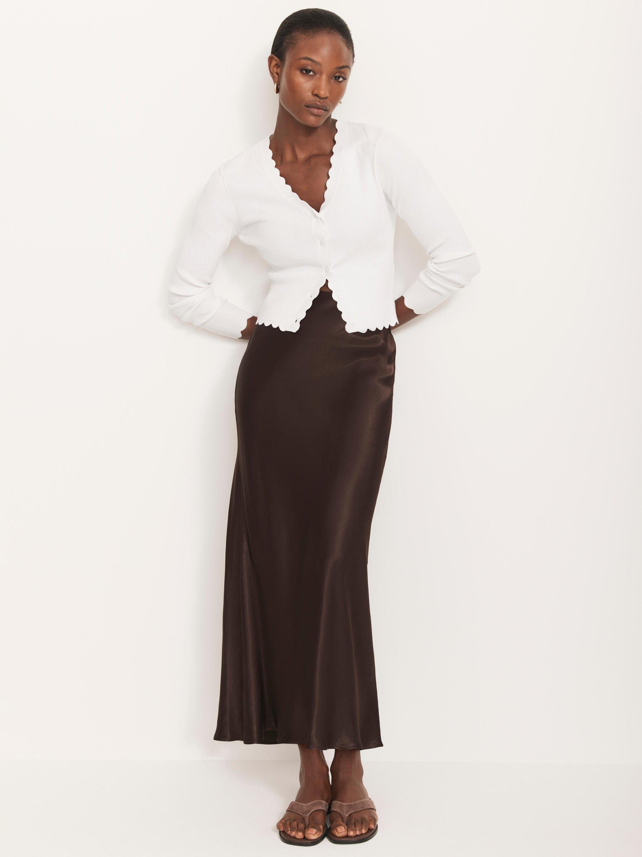 Product image 2 of 7, which shows Mint Velvet Satin Slip Midi Skirt, Brown, XS