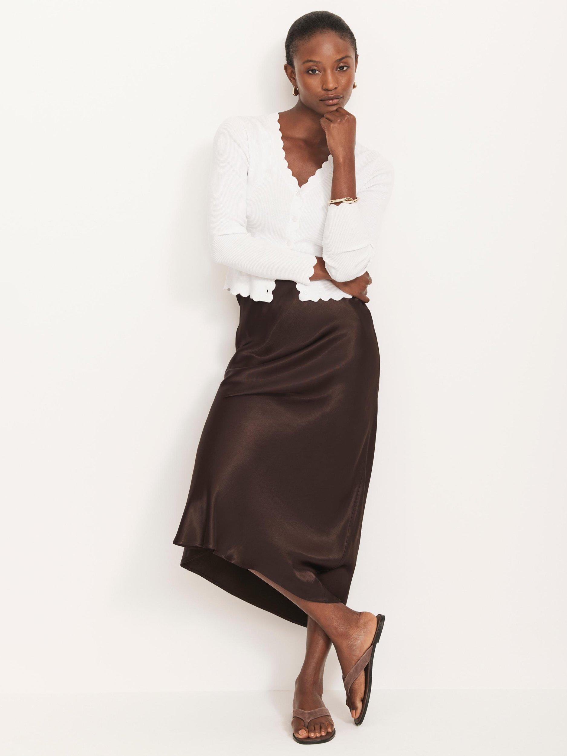 Product image 3 of 7, which shows Mint Velvet Satin Slip Midi Skirt, Brown, XS