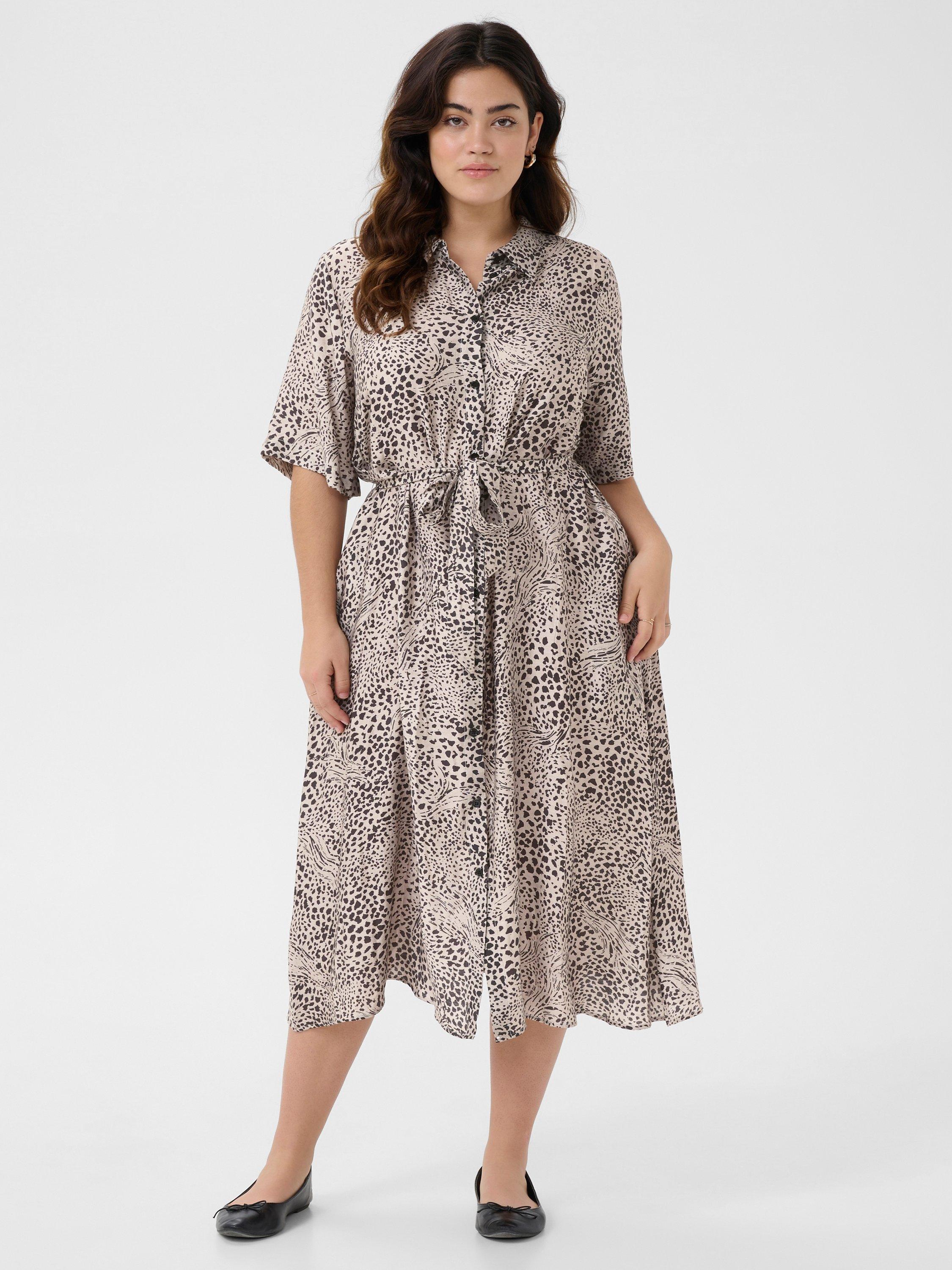 Product image 1 of 5, which shows KAFFE Curve Debri Abstract Leopard Print Shirt Dress, Beige/Multi, 18