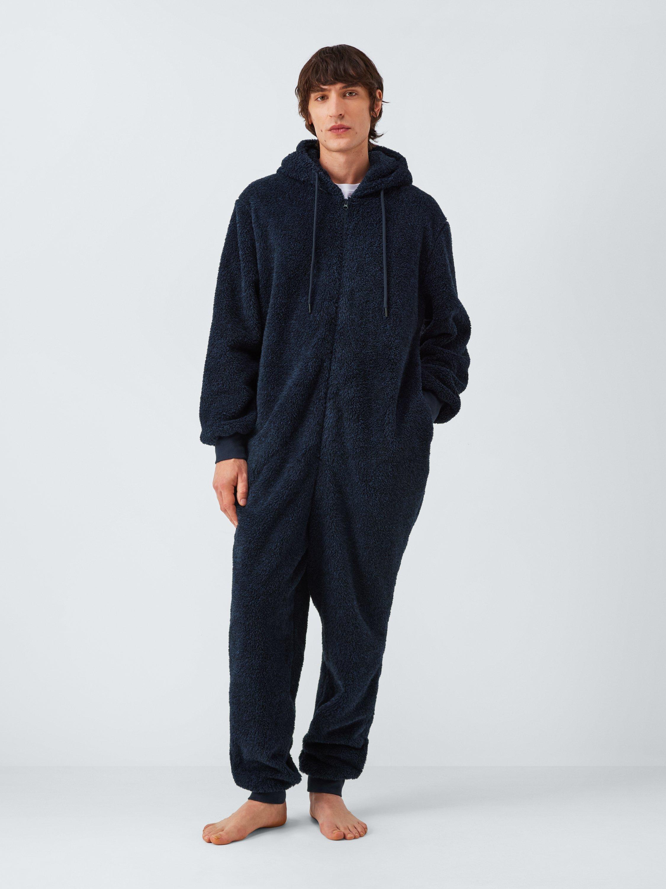 Product image 1 of 5, which shows John Lewis Hooded Zip Front Fleece Onesie, Blue Navy, S