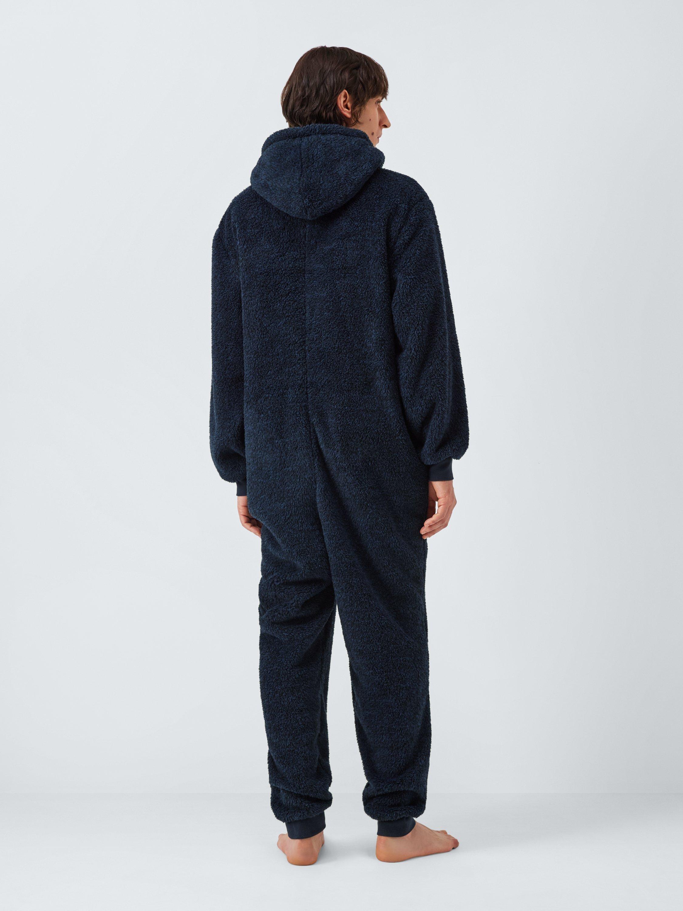 Product image 2 of 5, which shows John Lewis Hooded Zip Front Fleece Onesie, Blue Navy, S