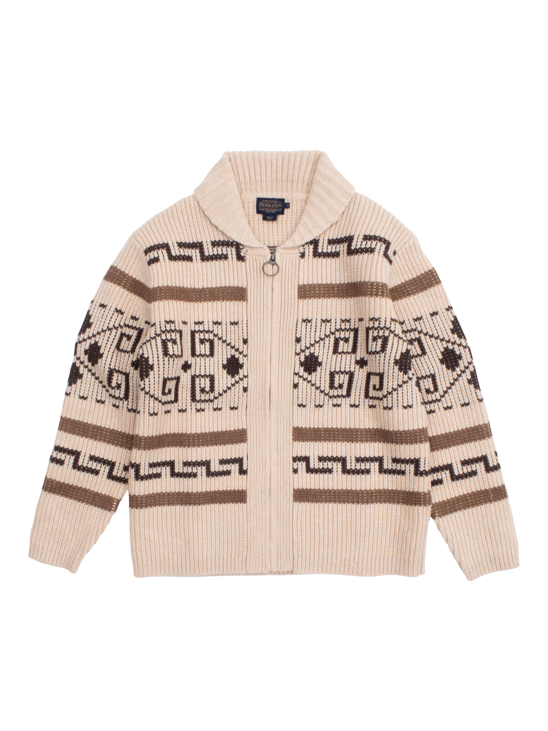 Product image 1 of 4, which shows Pendleton OG Westerly Wool Abstract Long Sleeve Shawl Neck Cardigan, Tan/Brown, S