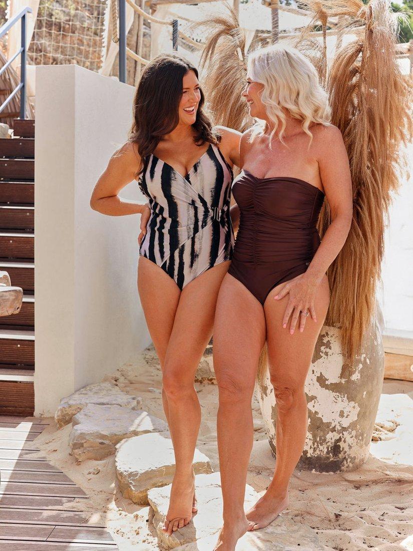 Product image 8 of 9, which shows Seaspray Tanami Mock Wrap Swimsuit, Brown, 10