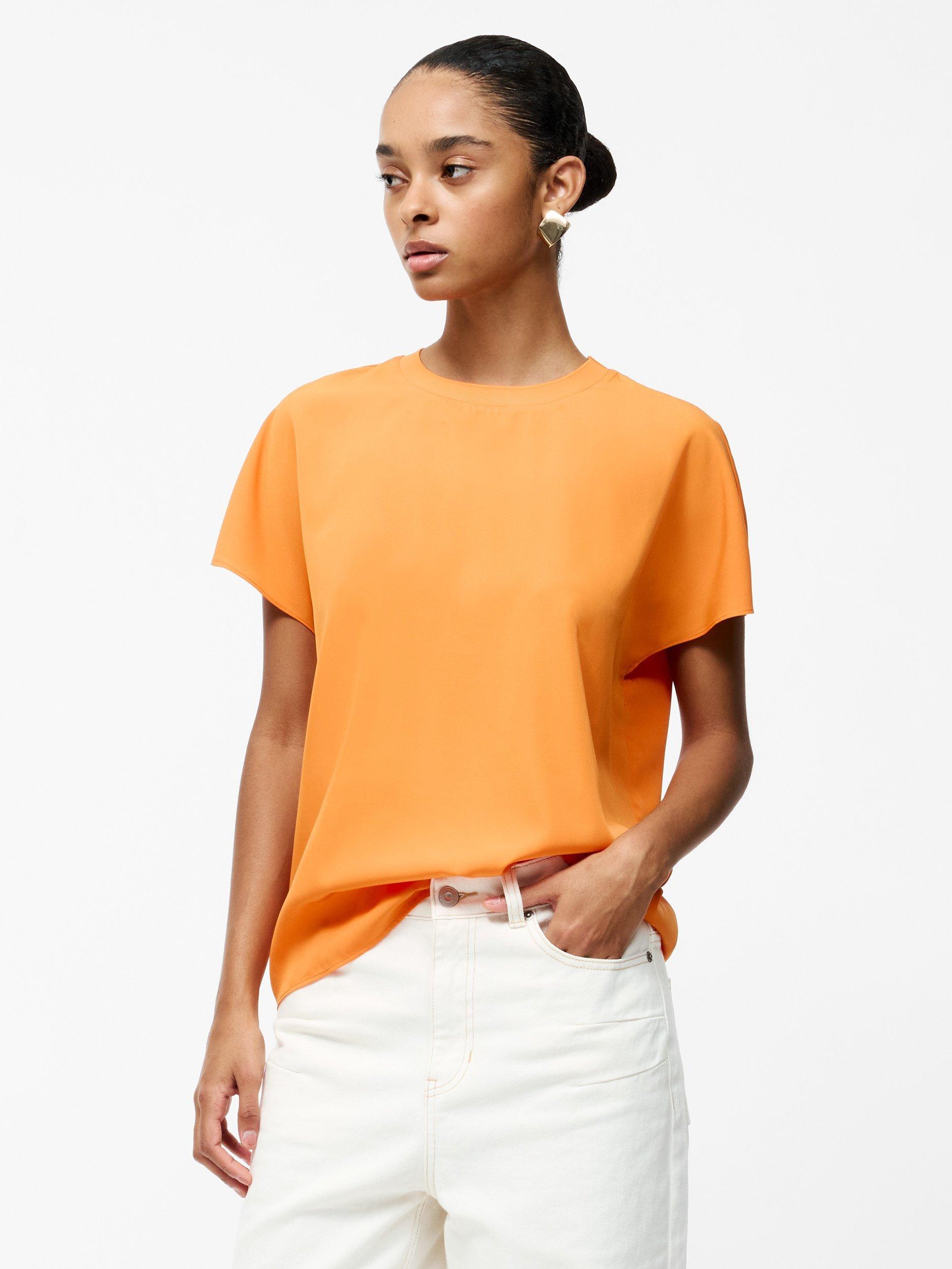 Product image 2 of 5, which shows French Connection Capriana Short Sleeve Crepe T-Shirt, Papaya Orange, XS