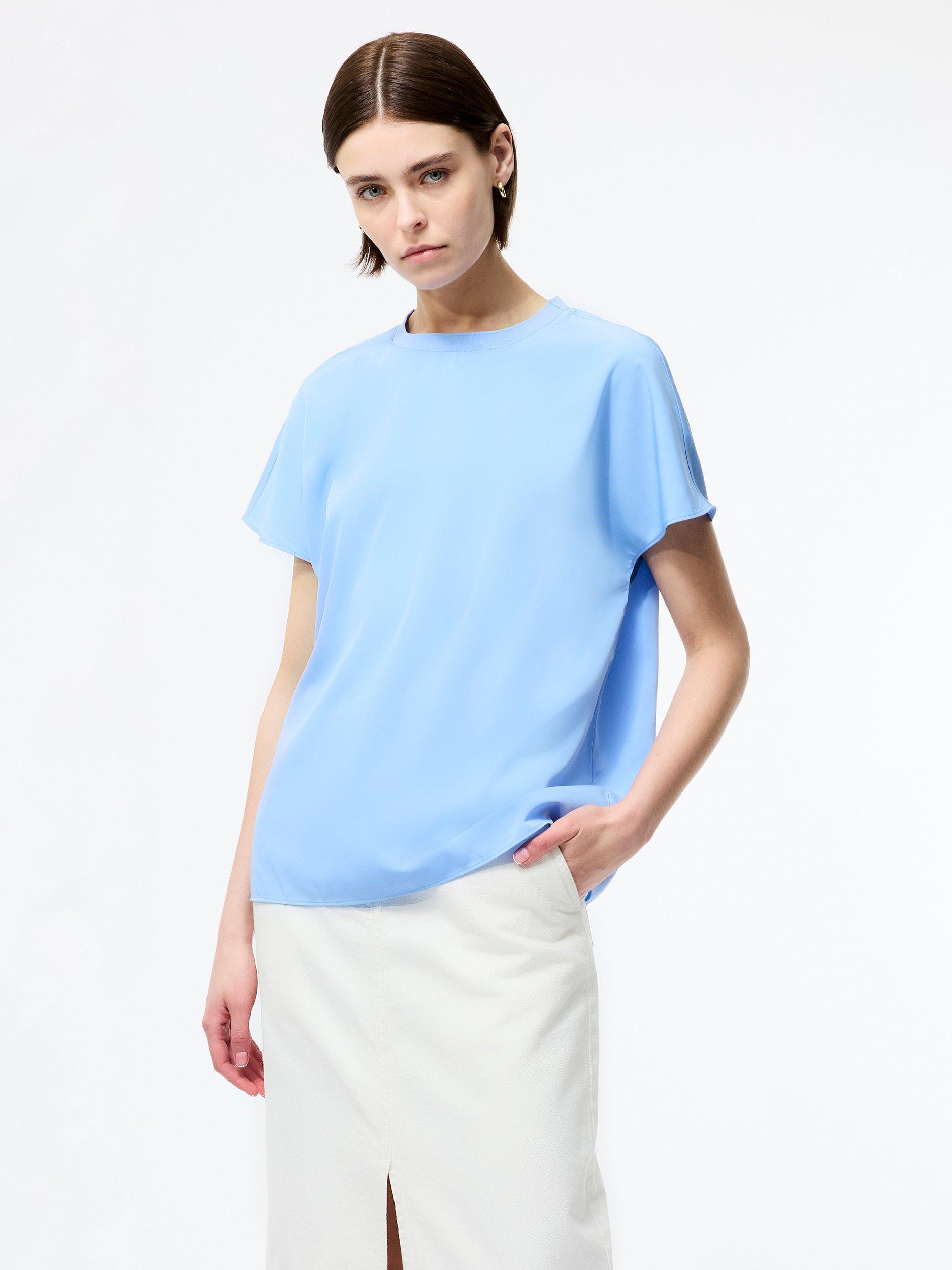 Product image 1 of 5, which shows French Connection Capriana Short Sleeve Crepe T-Shirt, Cornflower Blue, XS