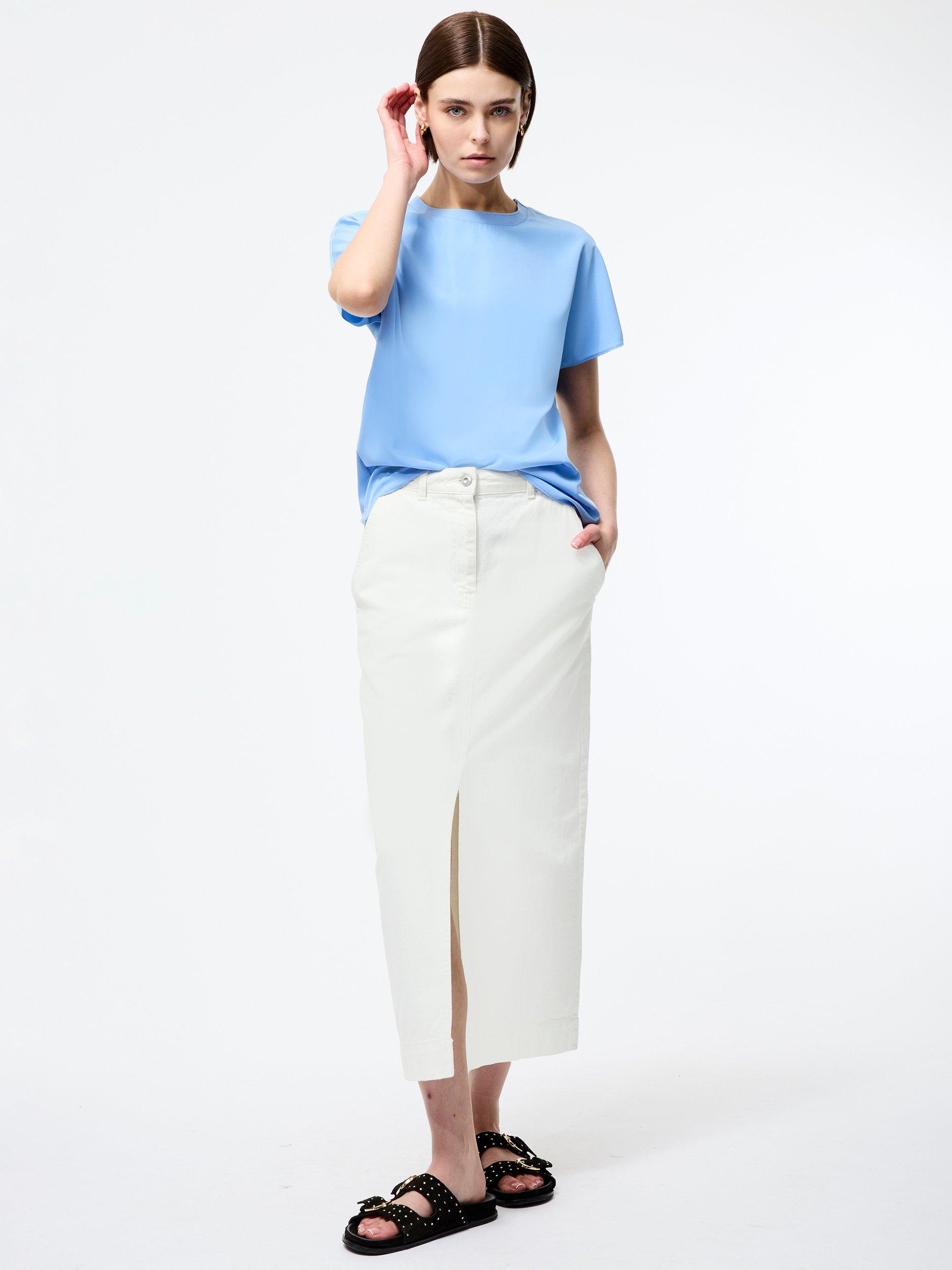 Product image 2 of 5, which shows French Connection Capriana Short Sleeve Crepe T-Shirt, Cornflower Blue, XS