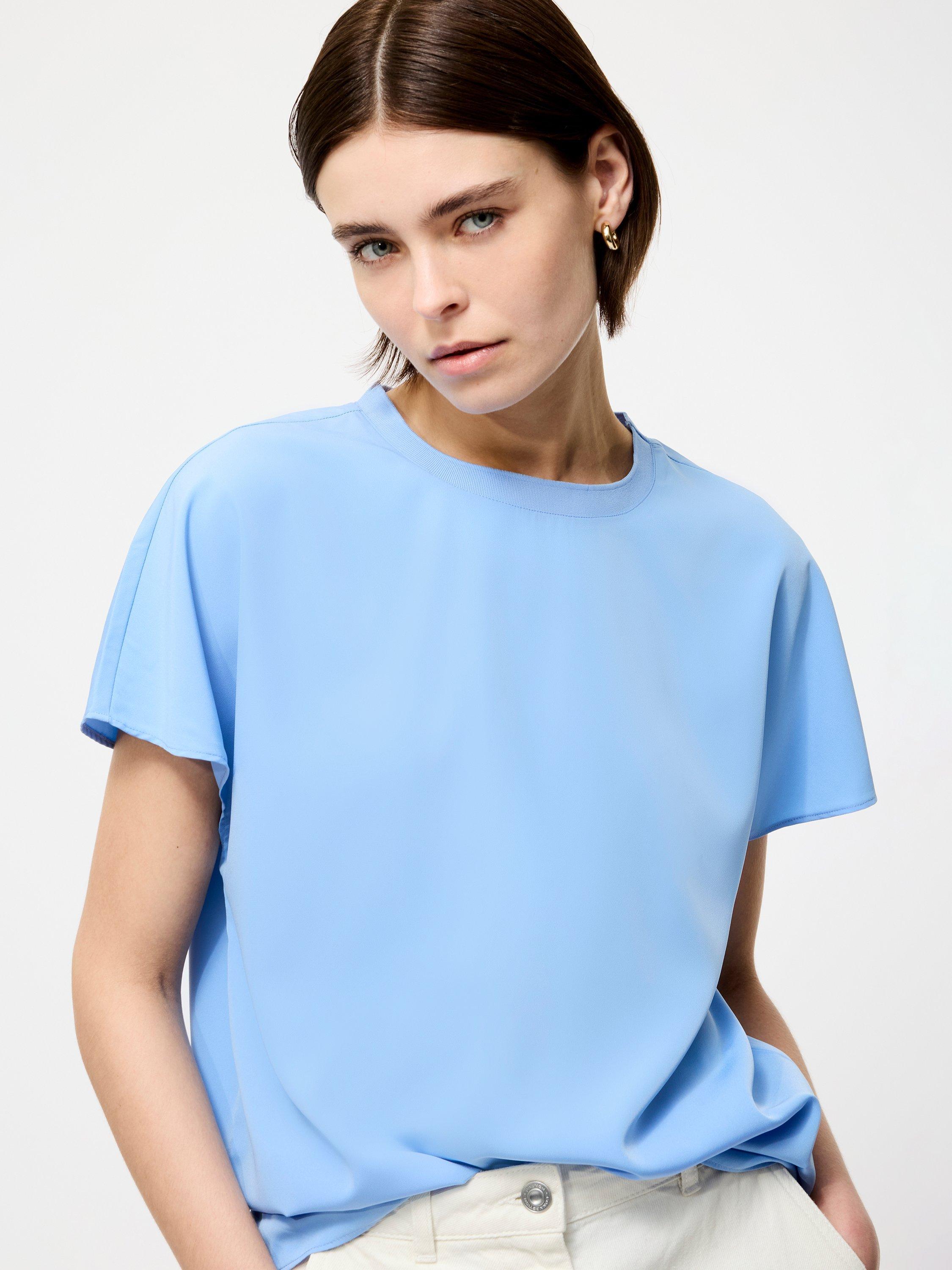 Product image 3 of 5, which shows French Connection Capriana Short Sleeve Crepe T-Shirt, Cornflower Blue, XS