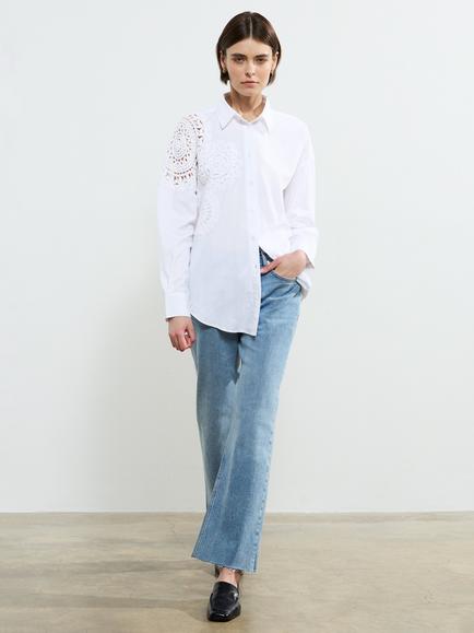 French Connection Lina Cotton Crochet Mix Shirt, Linen White, Linen White