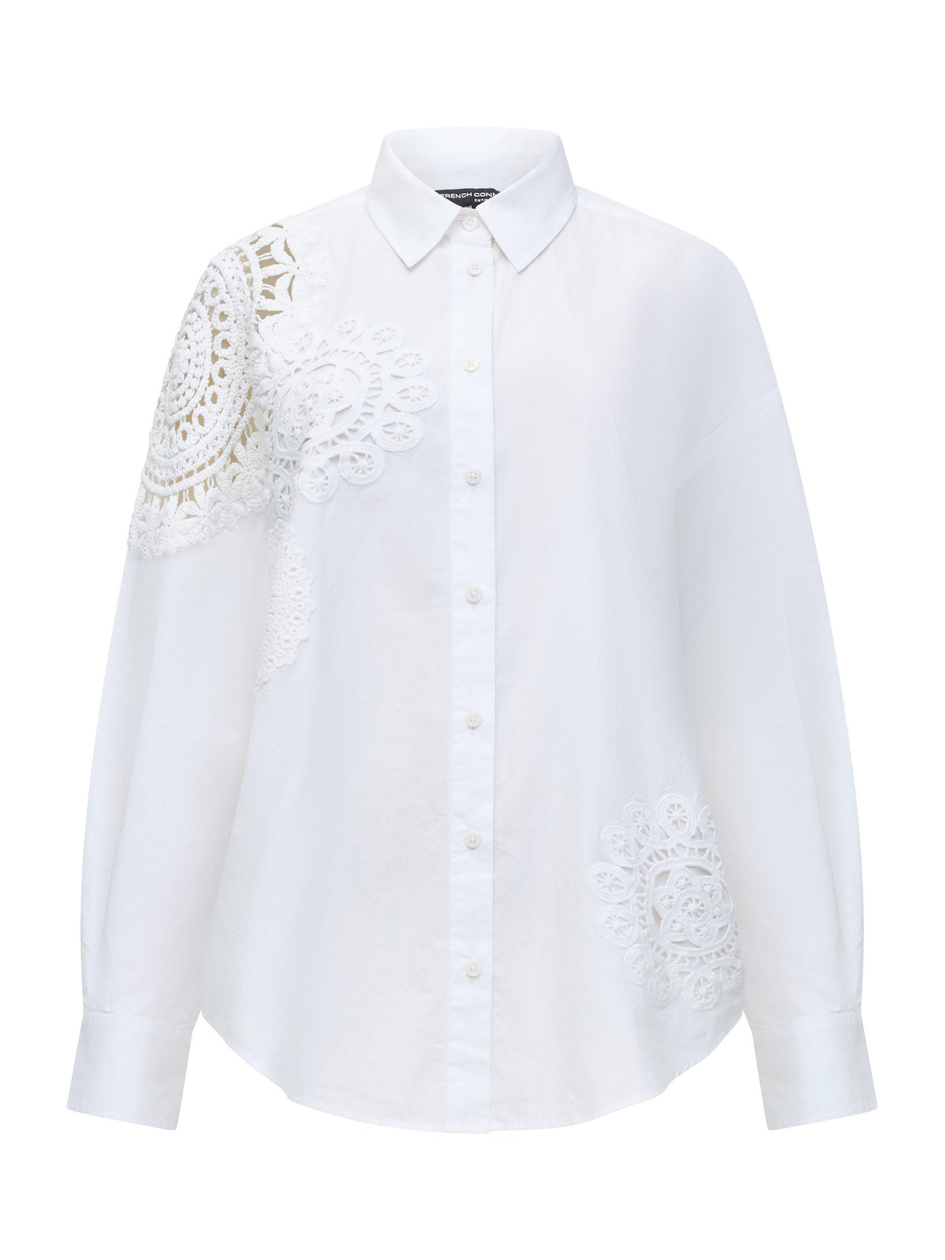 Product image 4 of 4, which shows French Connection Lina Cotton Crochet Mix Shirt, Linen White, XS