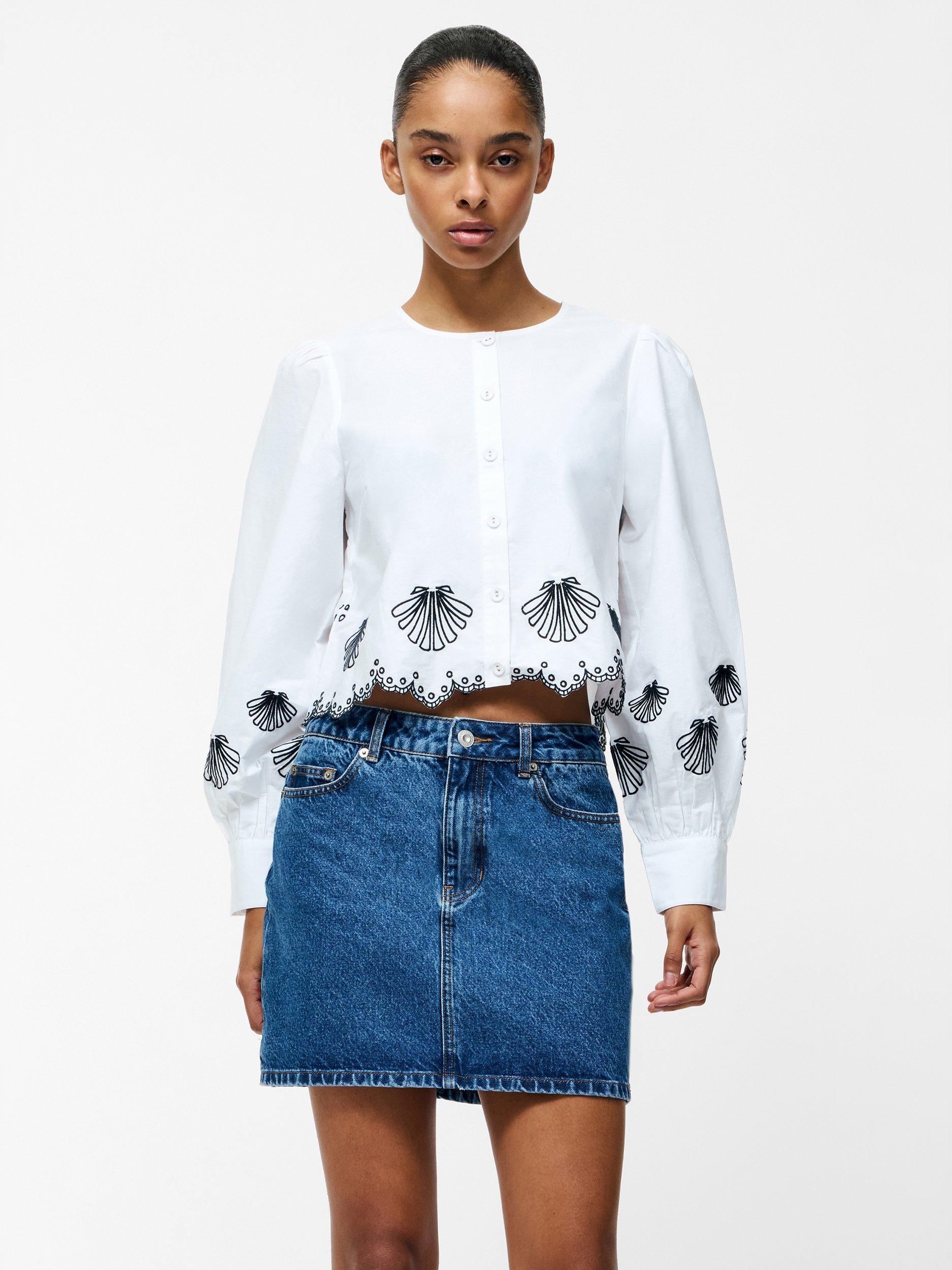 Product image 1 of 5, which shows French Connection Cambria Cotton Embroidered Long Sleeve Shirt, Linen White/Navy, XS