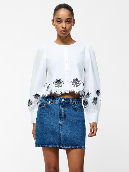French Connection Cambria Cotton Embroidered Long Sleeve Shirt, Linen White/Navy, Linen White/Navy