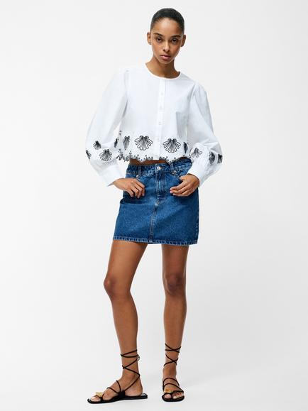 French Connection Cambria Cotton Embroidered Long Sleeve Shirt, Linen White/Navy - view 2, Linen White/Navy