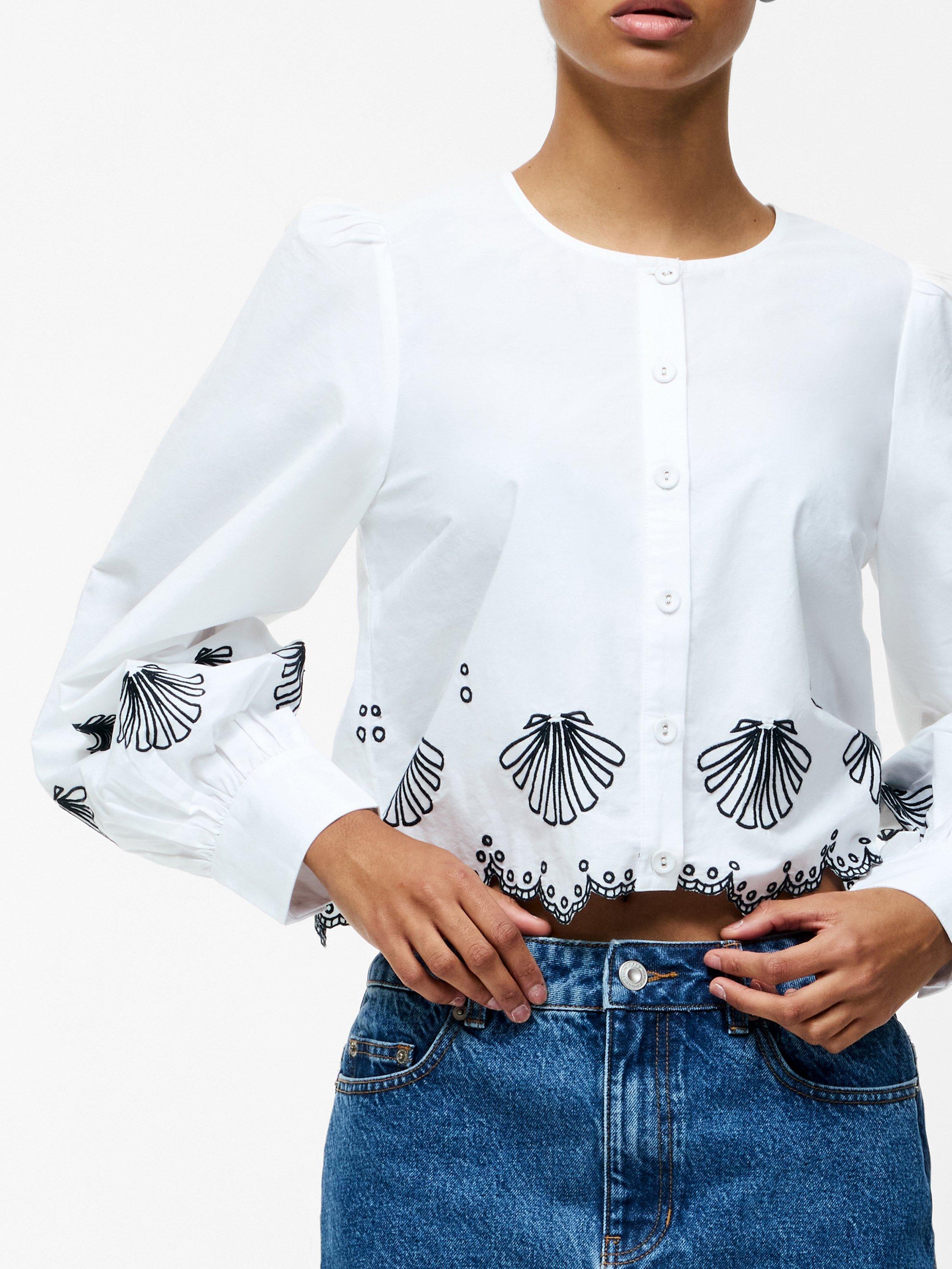 Product image 3 of 5, which shows French Connection Cambria Cotton Embroidered Long Sleeve Shirt, Linen White/Navy, XS