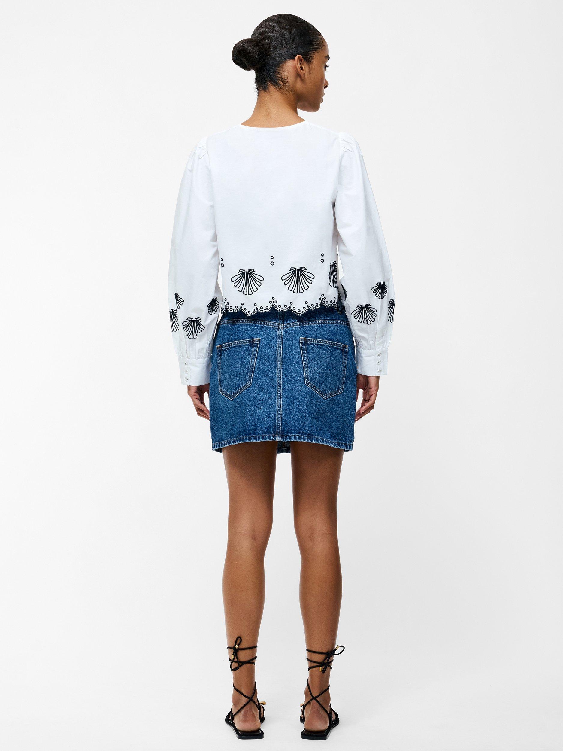 Product image 4 of 5, which shows French Connection Cambria Cotton Embroidered Long Sleeve Shirt, Linen White/Navy, XS