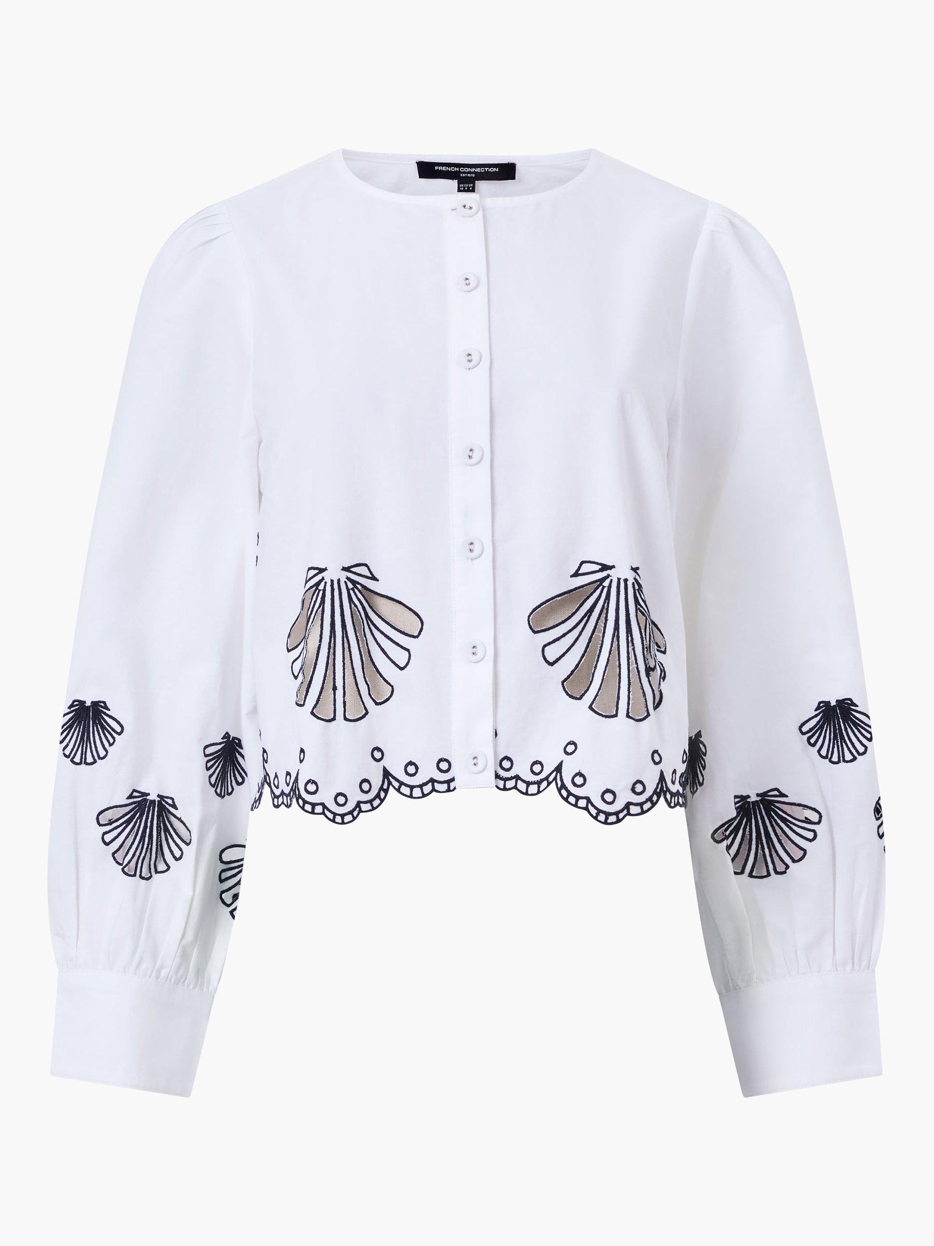Product image 5 of 5, which shows French Connection Cambria Cotton Embroidered Long Sleeve Shirt, Linen White/Navy, XS
