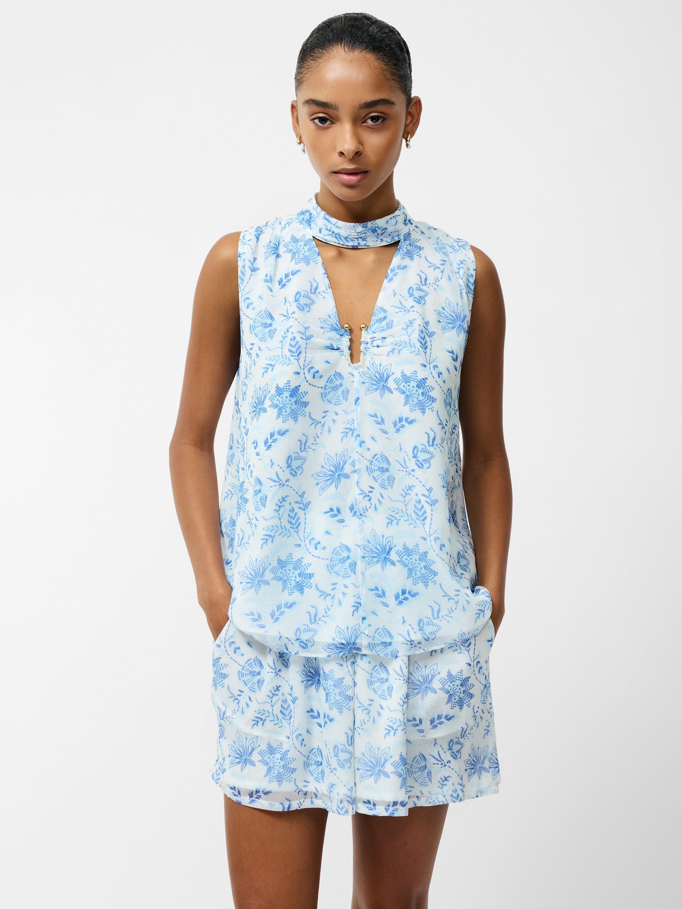 Product image 1 of 5, which shows French Connection Serenity Sleeveless Floral Print Top, Cream/Blue, 6|8