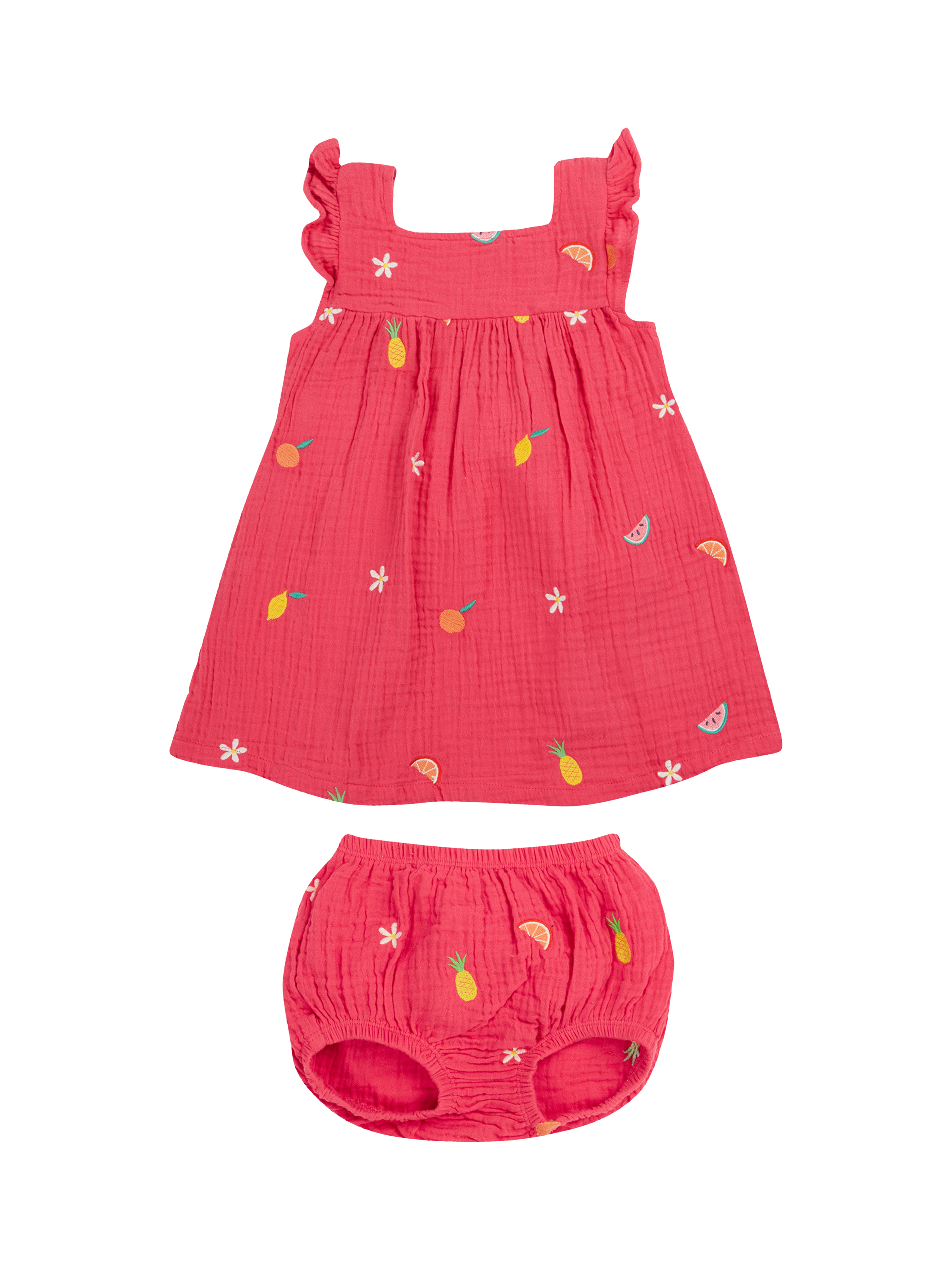 Product image 1 of 6, which shows Frugi Baby Asha Organic Cotton Embroidered Dress & Bloomers Set, Petal/Fruit, 0-3 months