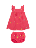 Frugi Baby Asha Organic Cotton Embroidered Dress & Bloomers Set, Petal/Fruit, Petal/Fruit