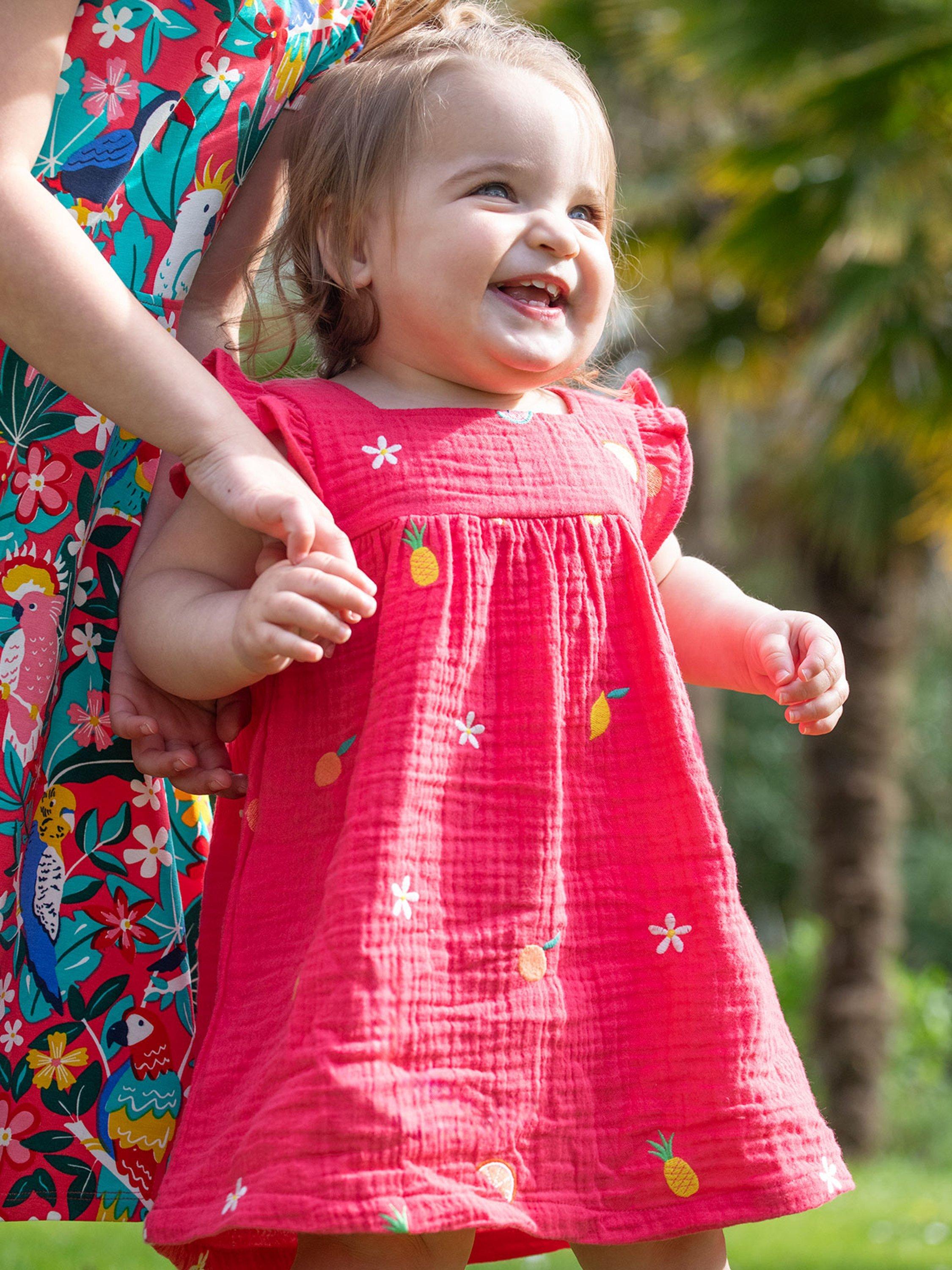 Product image 2 of 6, which shows Frugi Baby Asha Organic Cotton Embroidered Dress & Bloomers Set, Petal/Fruit, 0-3 months
