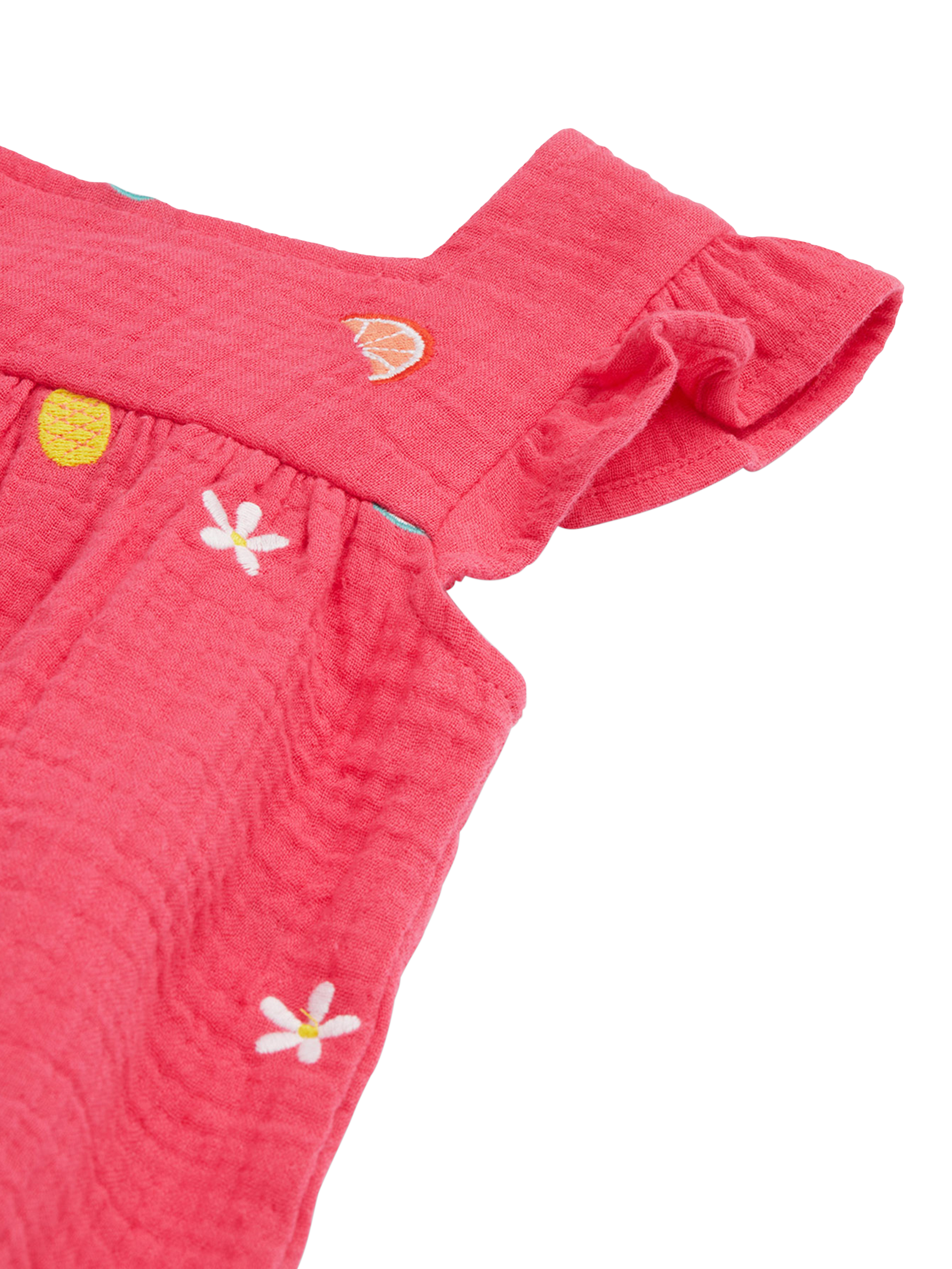Product image 3 of 6, which shows Frugi Baby Asha Organic Cotton Embroidered Dress & Bloomers Set, Petal/Fruit, 0-3 months