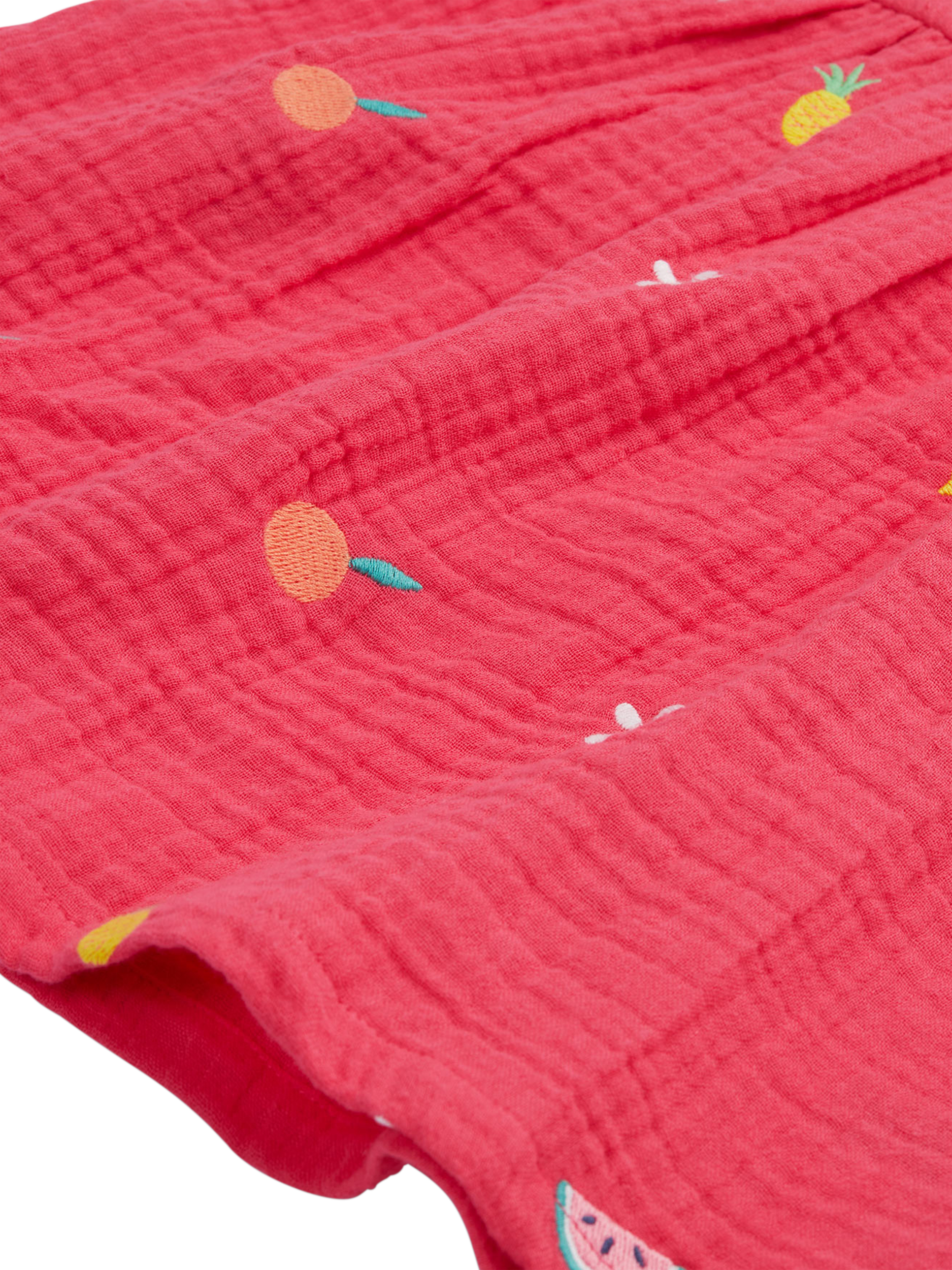 Product image 4 of 6, which shows Frugi Baby Asha Organic Cotton Embroidered Dress & Bloomers Set, Petal/Fruit, 0-3 months