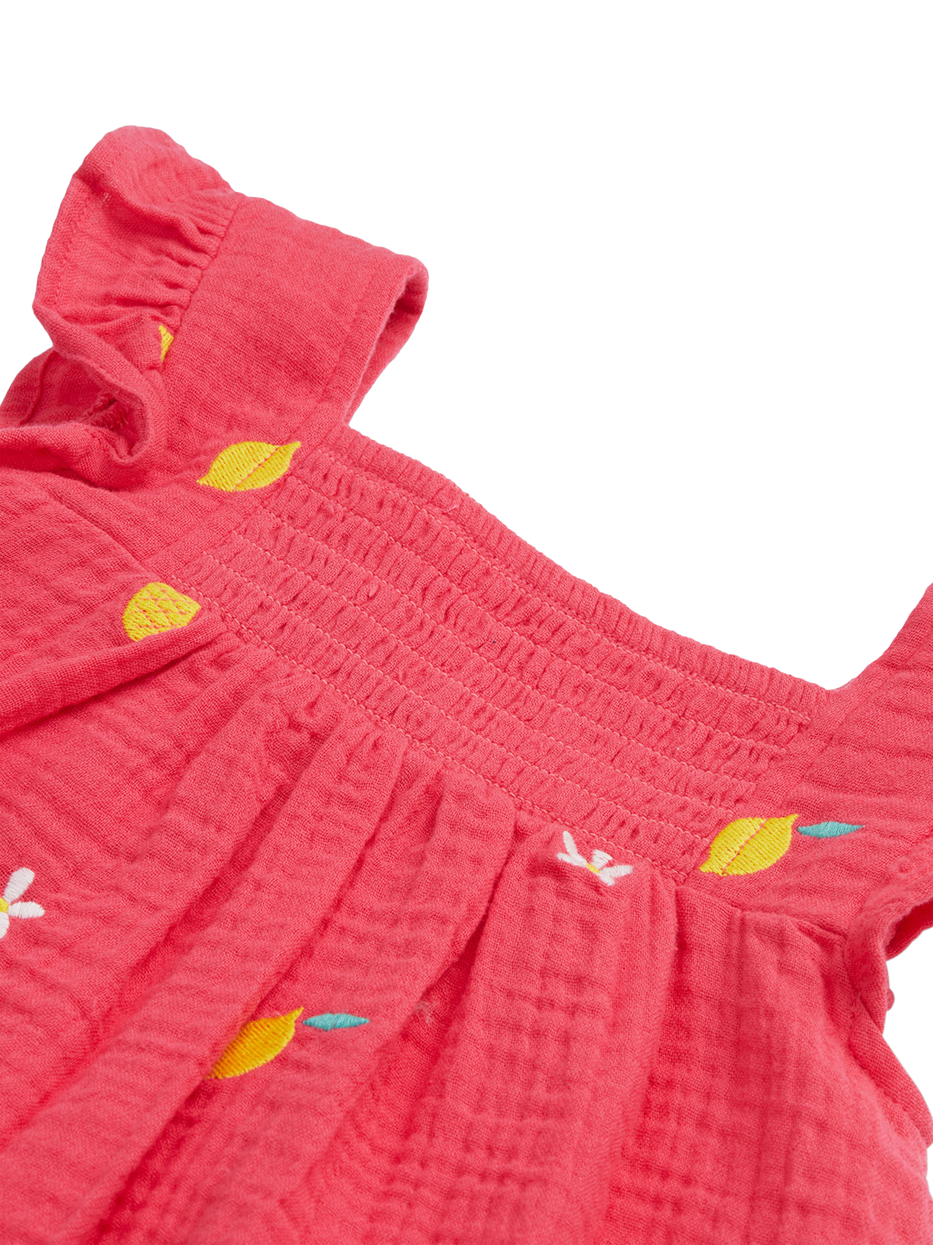 Product image 6 of 6, which shows Frugi Baby Asha Organic Cotton Embroidered Dress & Bloomers Set, Petal/Fruit, 0-3 months