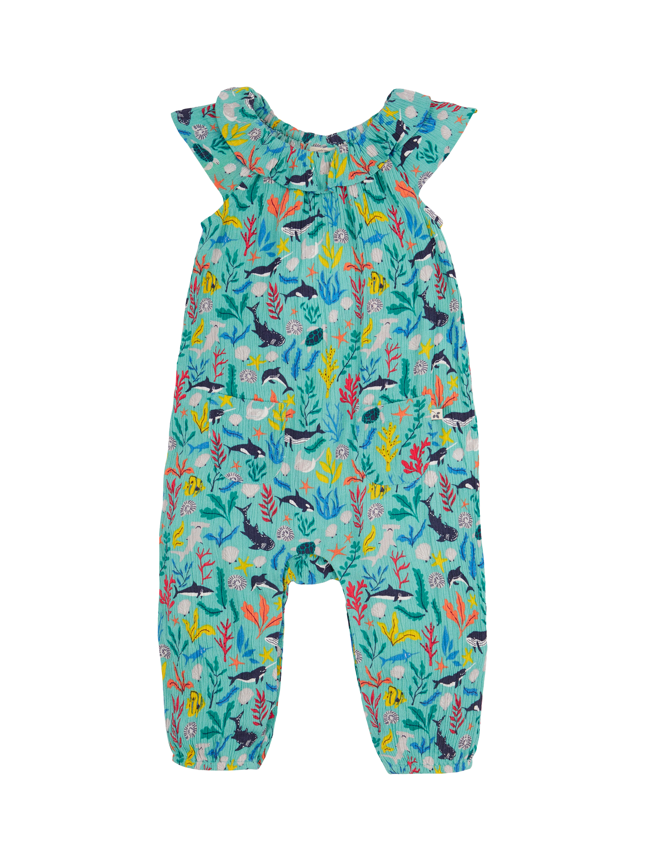 Product image 1 of 6, which shows Frugi Baby Maris Sea Life Print Playsuit, Multi, 0-3 months
