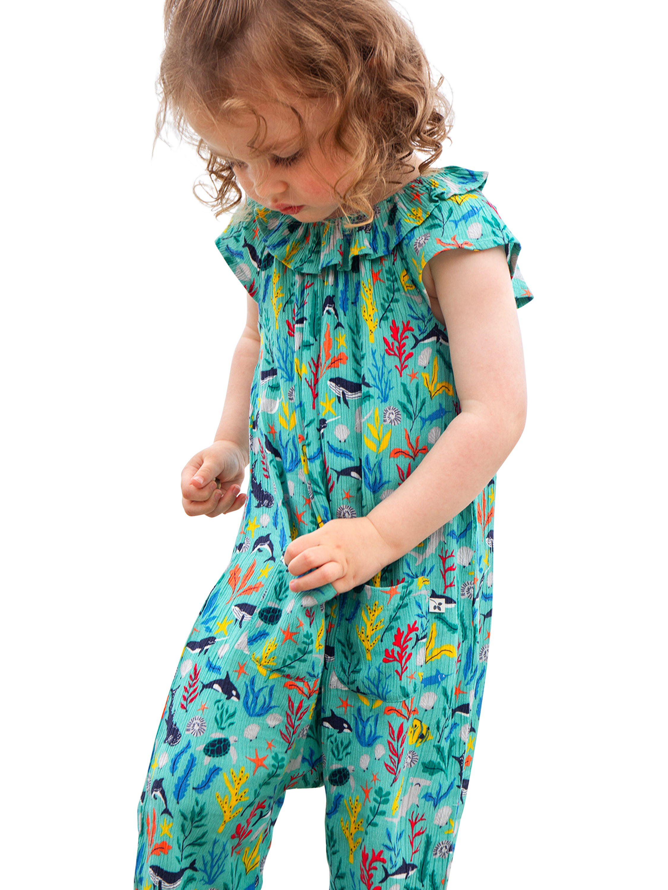 Product image 3 of 6, which shows Frugi Baby Maris Sea Life Print Playsuit, Multi, 0-3 months