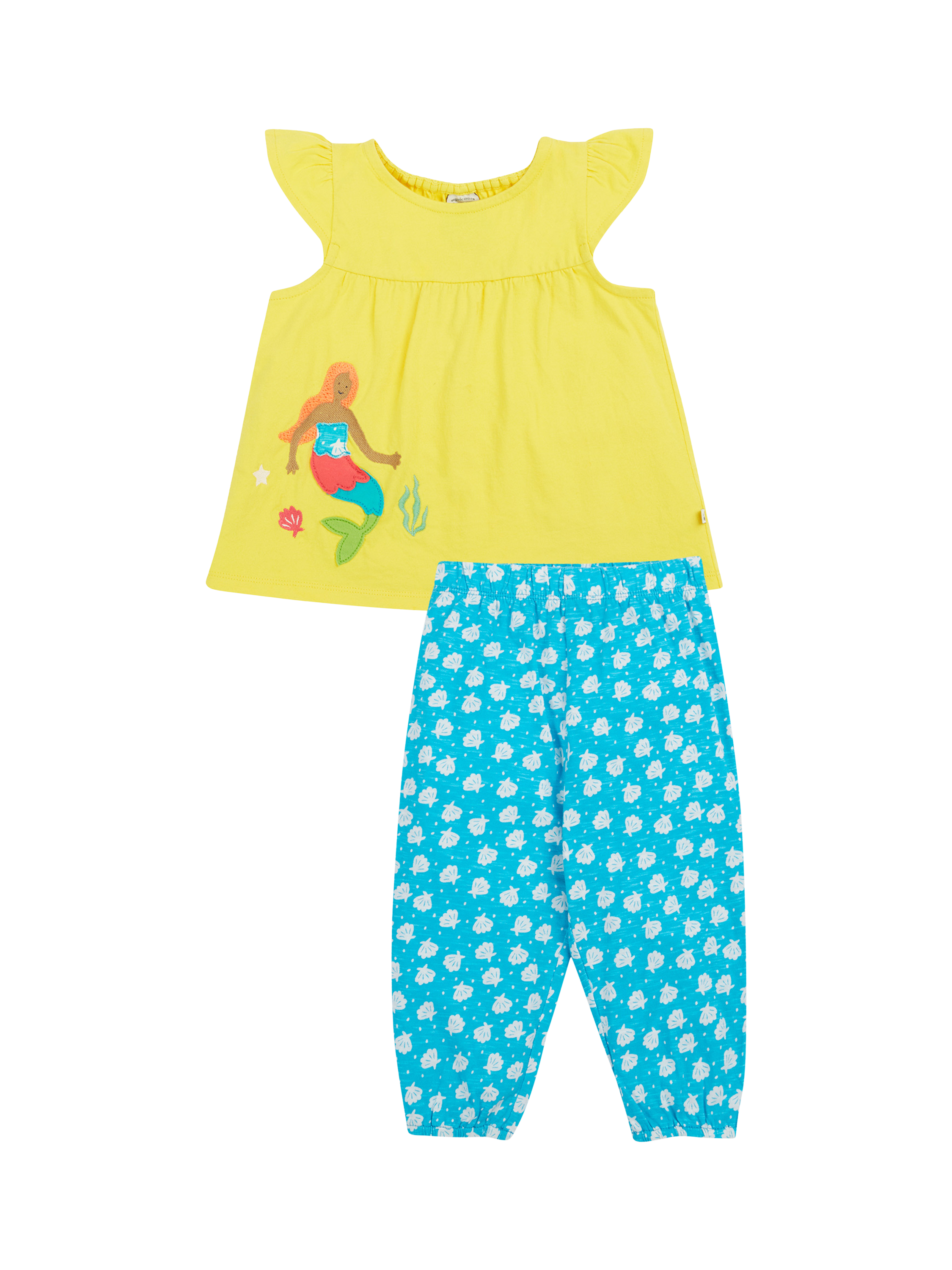 Product image 1 of 5, which shows Frugi Baby Isabetta Organic Cotton Applique Top & Sea Shell Print Leggings, Soft White/Blue/Yellow, 0-3 months