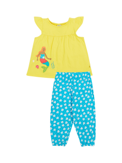 Frugi Baby Isabetta Organic Cotton Applique Top & Sea Shell Print Leggings, Soft White/Blue/Yellow, Soft White/Blue/Yellow