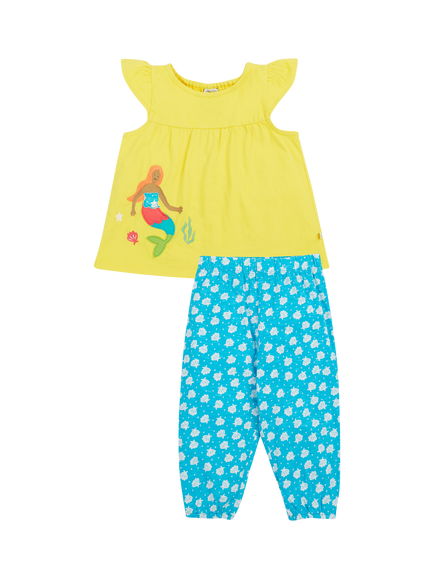 Frugi Baby Isabetta Organic Cotton Applique Top & Sea Shell Print Leggings, Soft White/Blue/Yellow, Soft White/Blue/Yellow