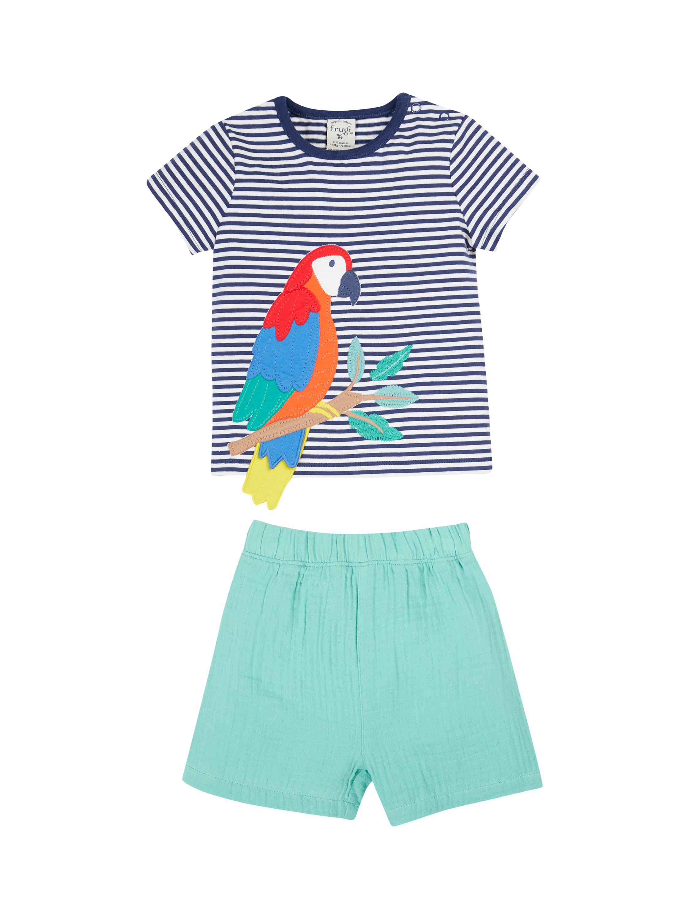 Product image 1 of 4, which shows Frugi Baby Marco Organic Cotton Stripe T-Shirt & Shorts Set, Navy Blue, 0-3 months