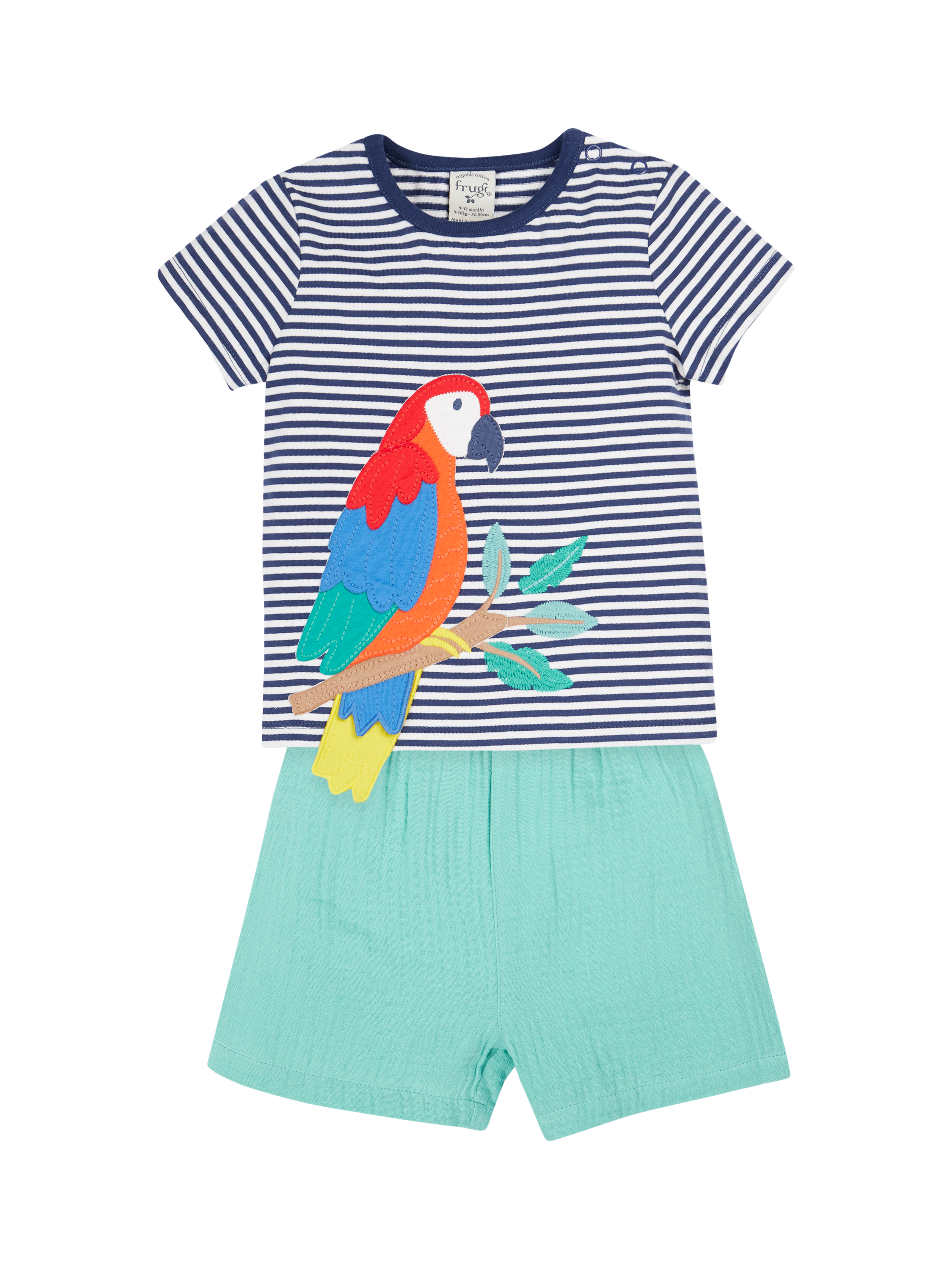 Product image 2 of 4, which shows Frugi Baby Marco Organic Cotton Stripe T-Shirt & Shorts Set, Navy Blue, 0-3 months