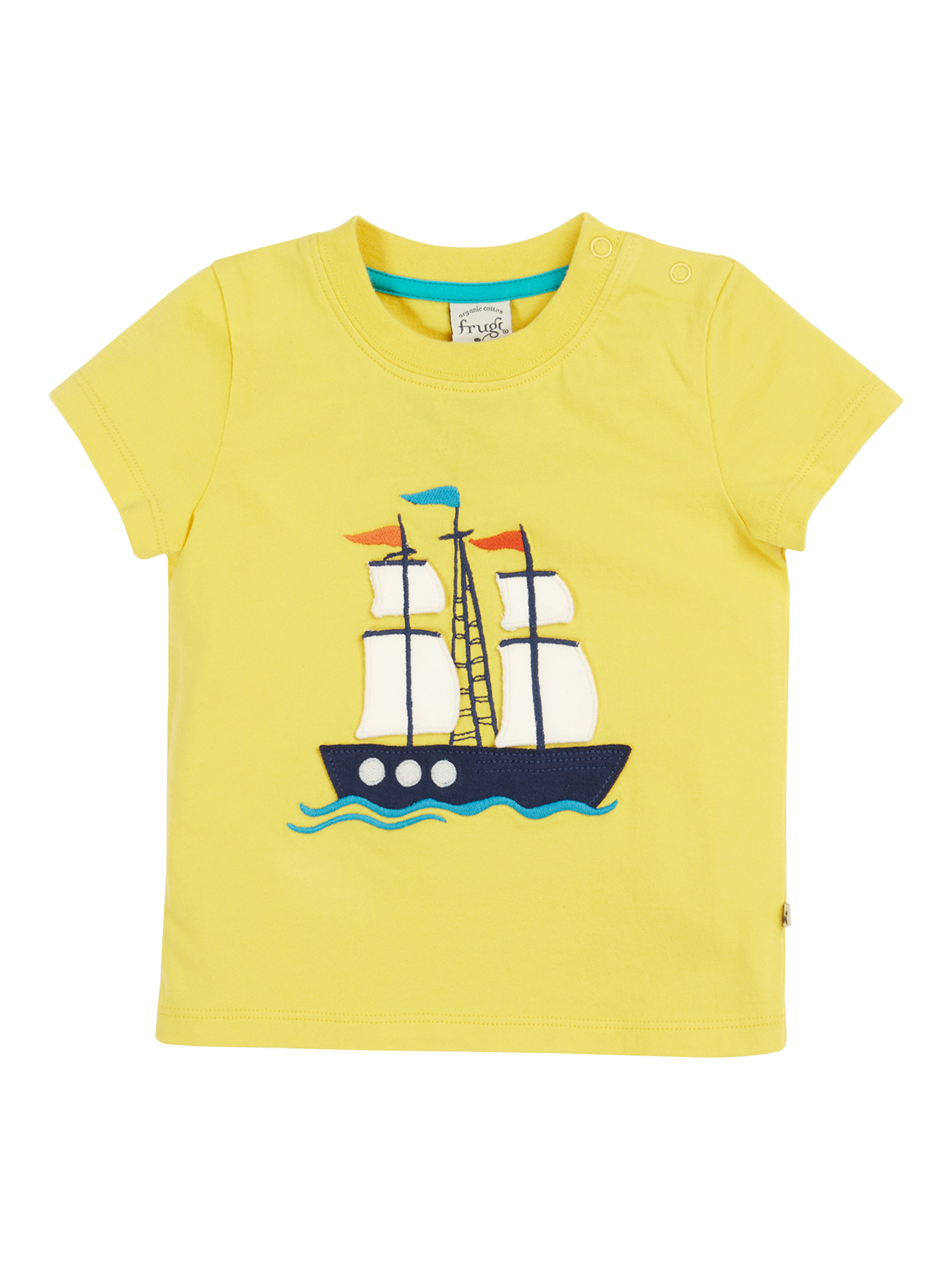 Product image 1 of 5, which shows Frugi Baby Avery Organic Cotton Applique T-Shirt, Welly Yellow/Tallship, 0-3 months